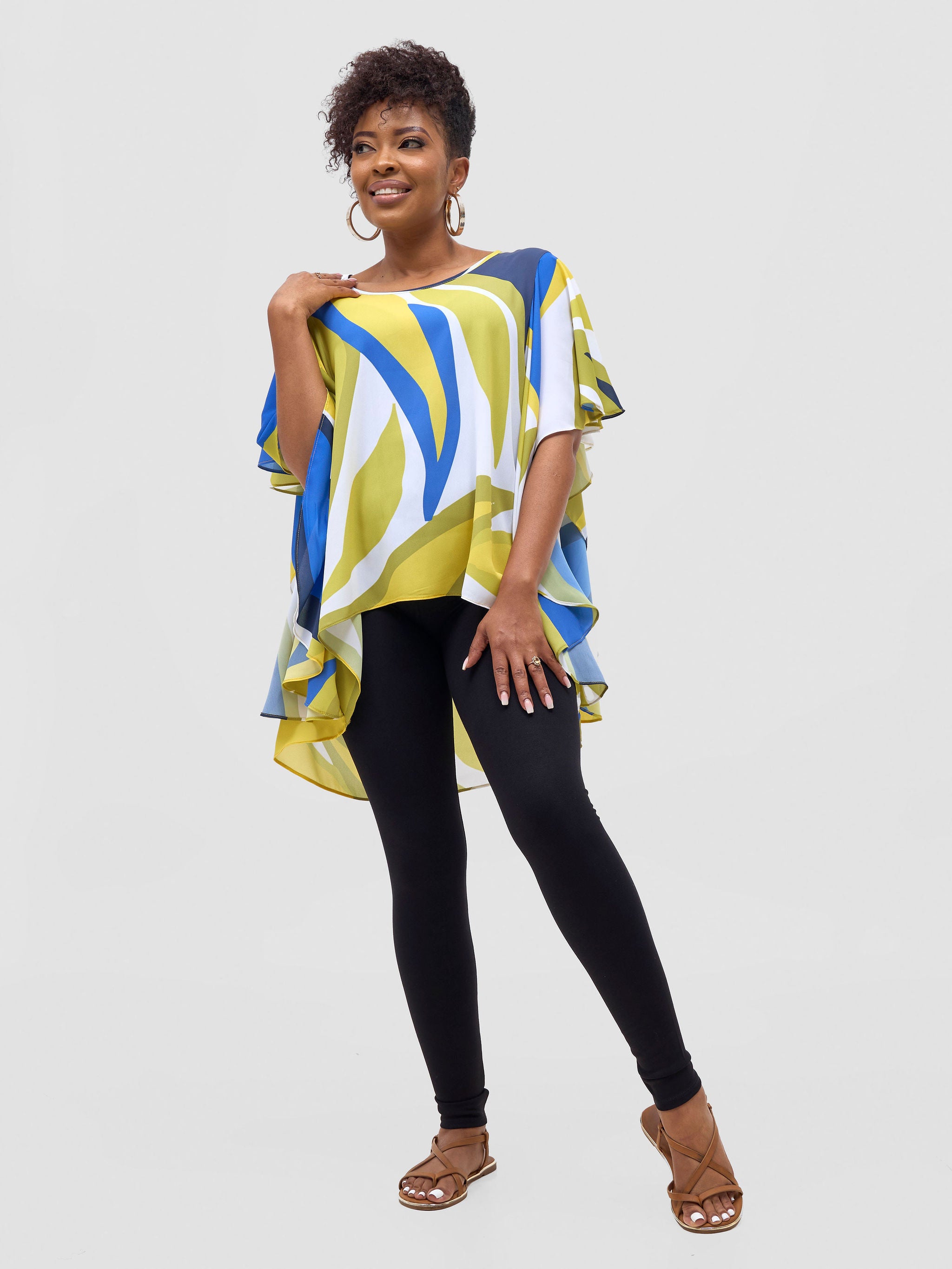 Vivo Kelemi Ruffle Sleeve Top - Royal Blue / Green Lana Print