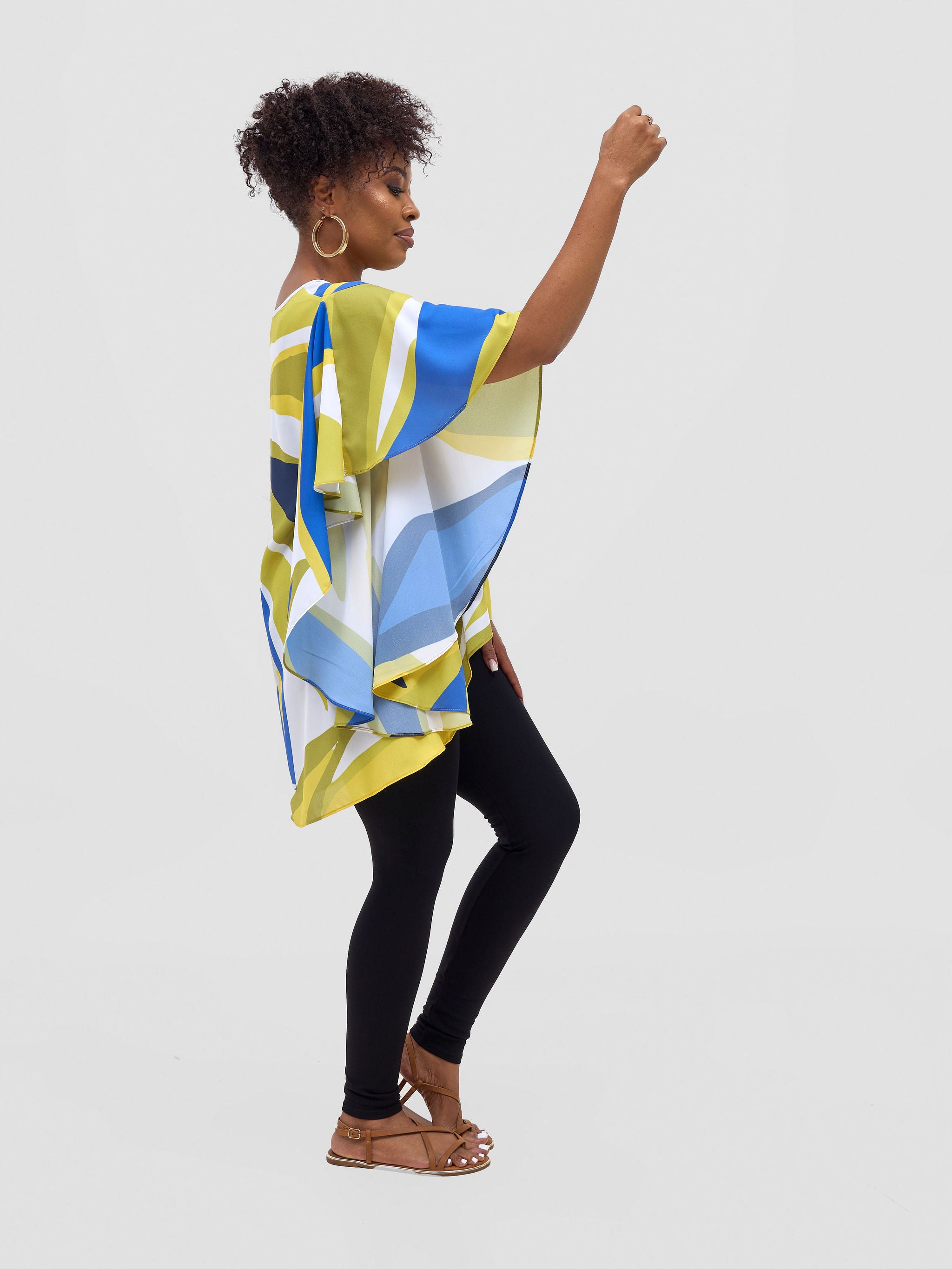 Vivo Kelemi Ruffle Sleeve Top - Royal Blue / Green Lana Print