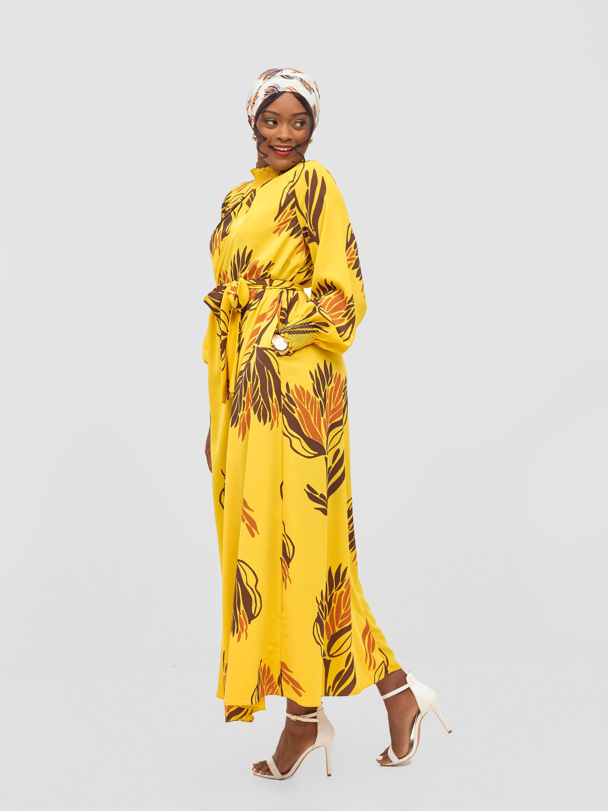 Vivo Ayah Shirred Neck Tent Maxi Dress - Yellow / Chocolate Yana Print