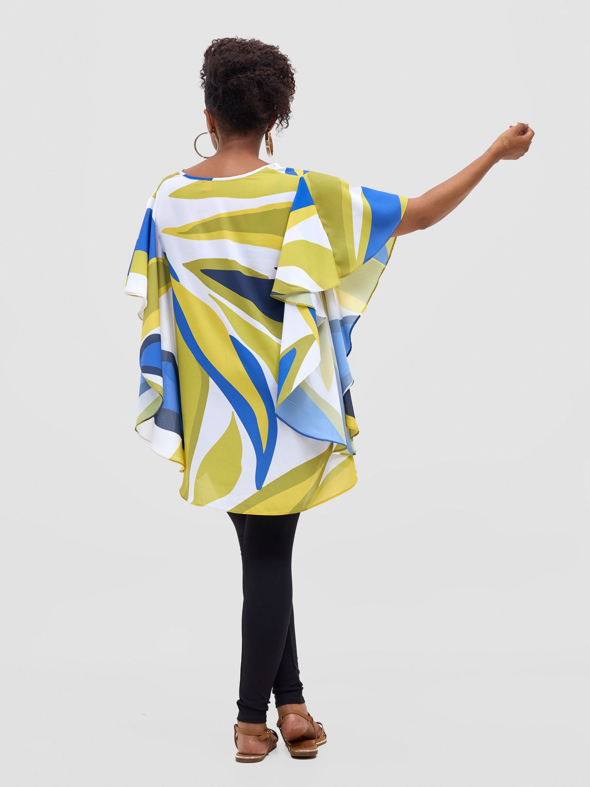 Vivo Kelemi Ruffle Sleeve Top - Royal Blue / Green Lana Print