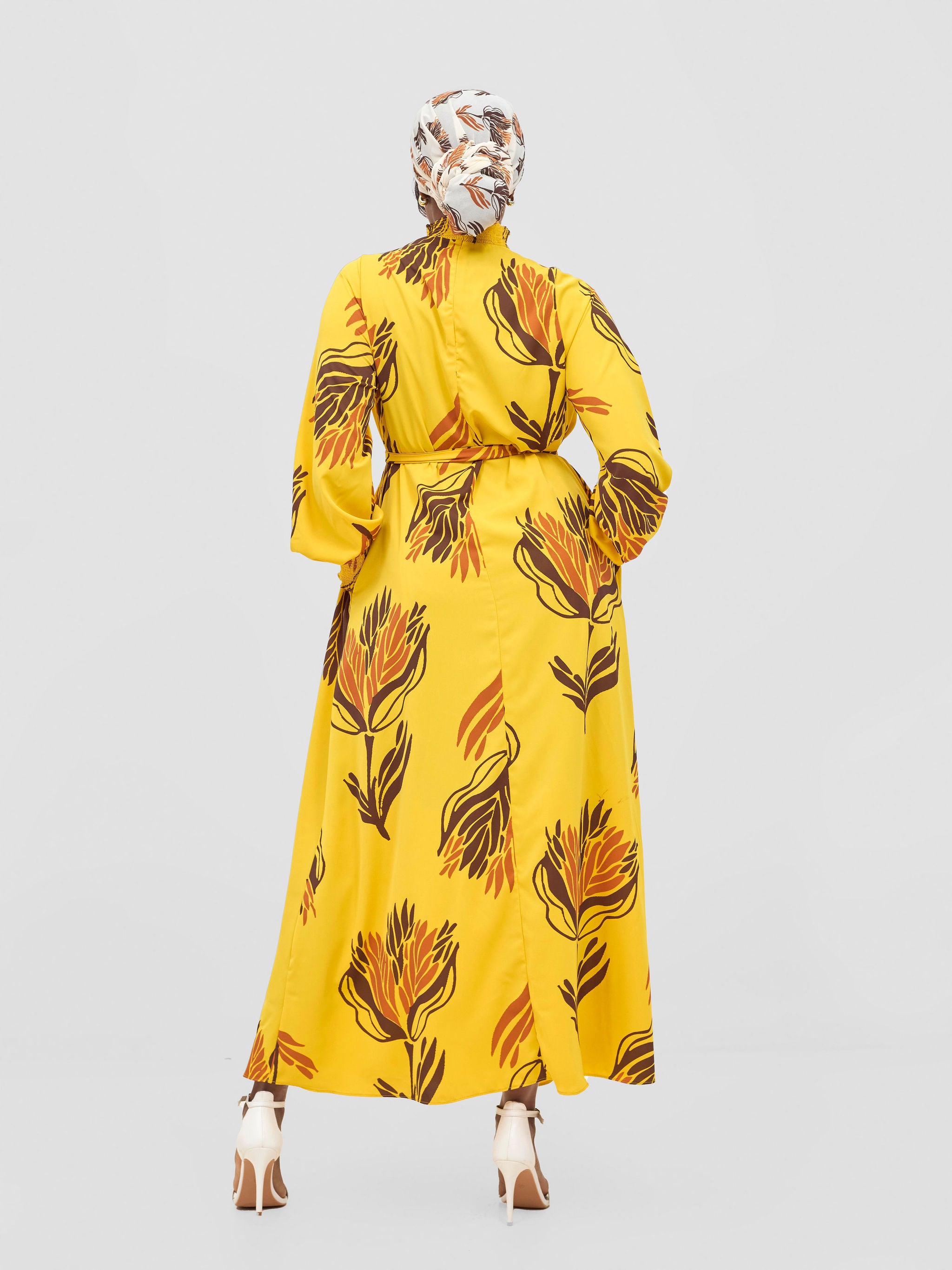 Vivo Ayah Shirred Neck Tent Maxi Dress - Yellow / Chocolate Yana Print