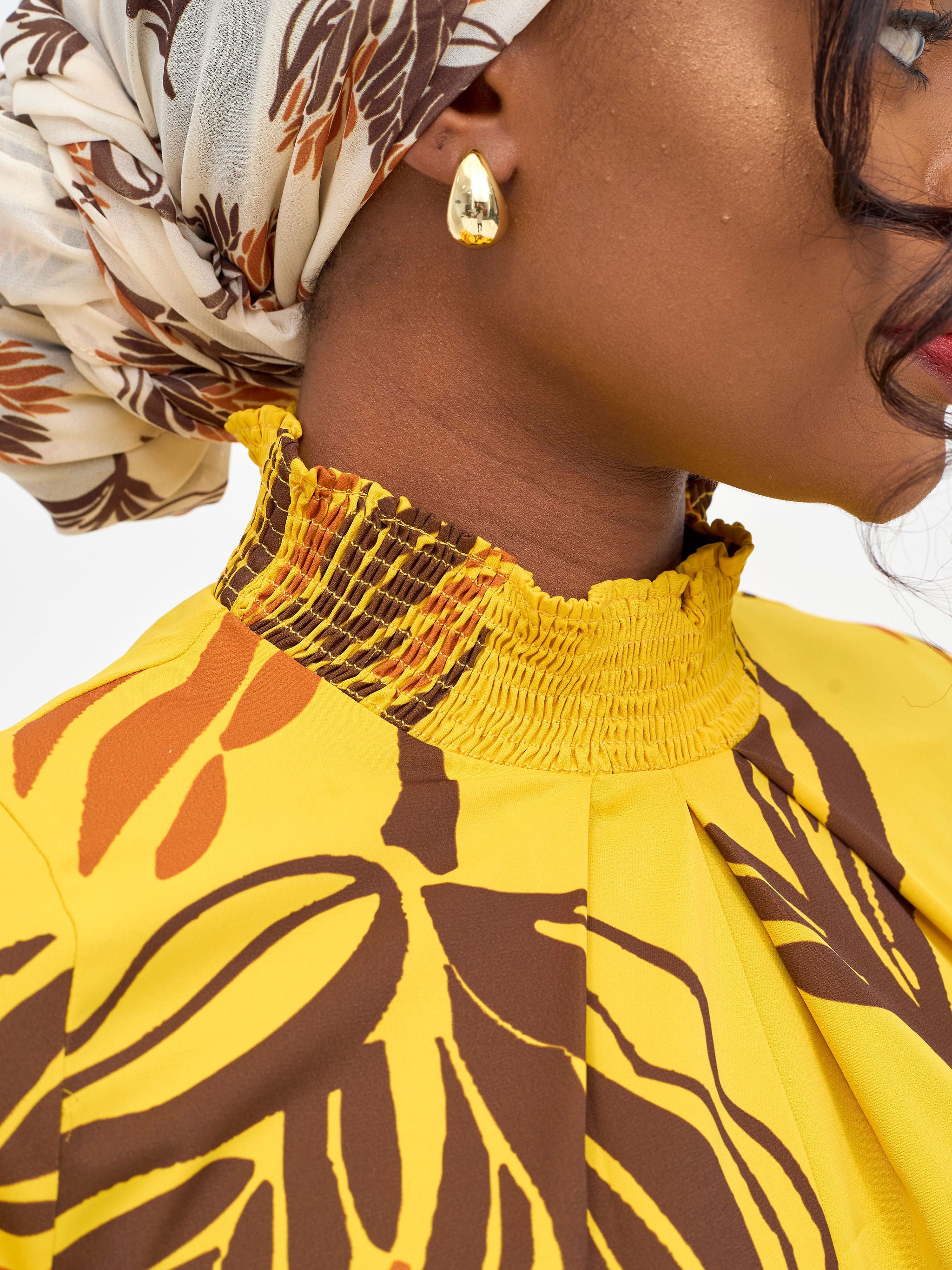 Vivo Ayah Shirred Neck Tent Maxi Dress - Yellow / Chocolate Yana Print