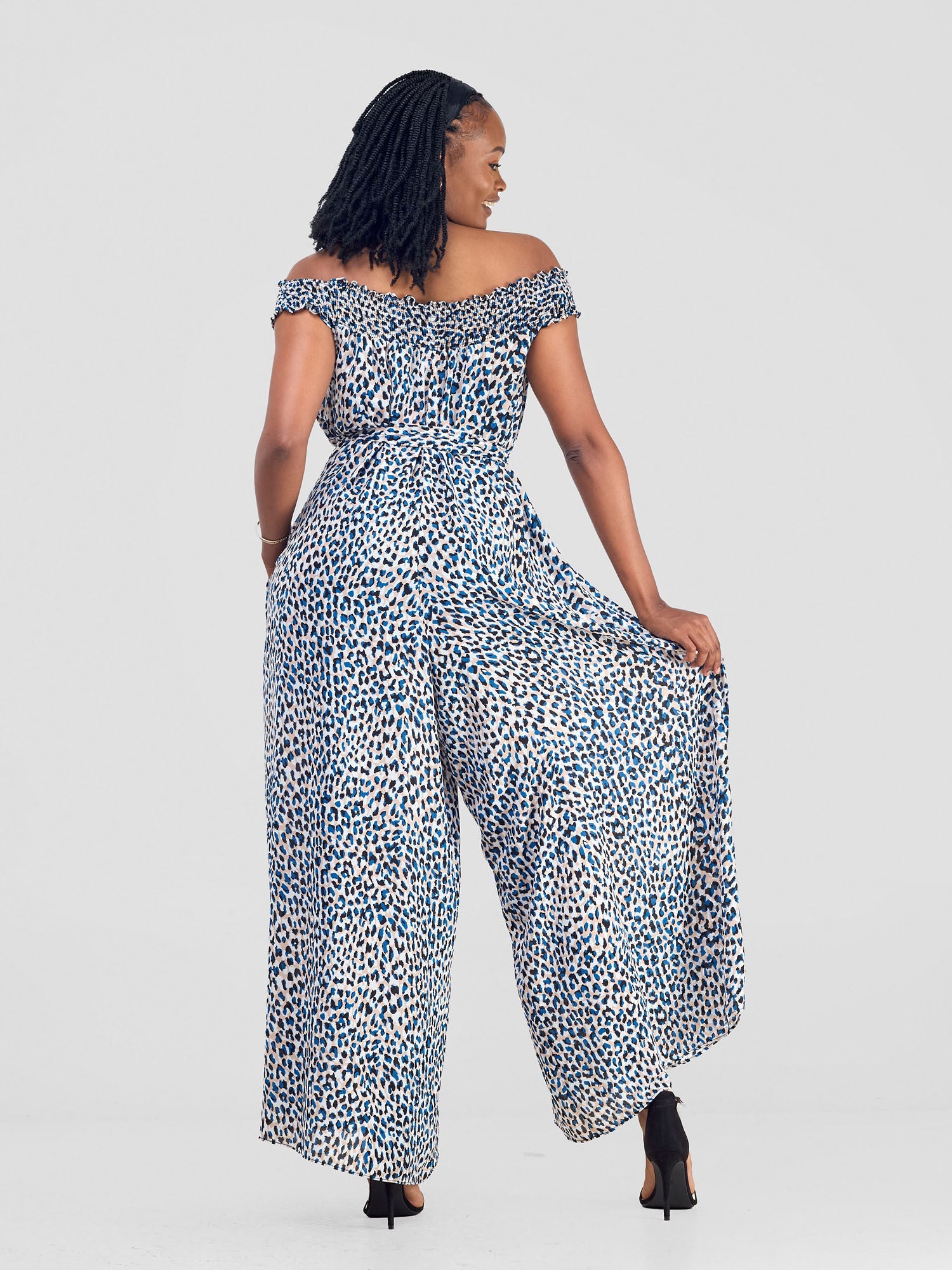 Vivo Alek Shirred Off- Shoulder Jumpsuit - Blue / White Print