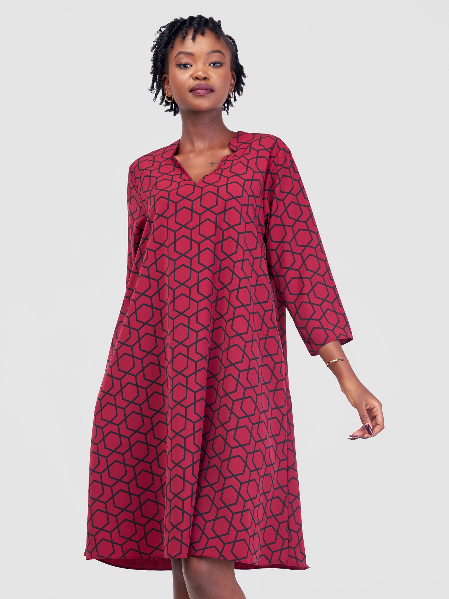 Vivo Pesi Notch Collar Tent Dress Burgundy Duku Print Vivo Fashion Group Kenya