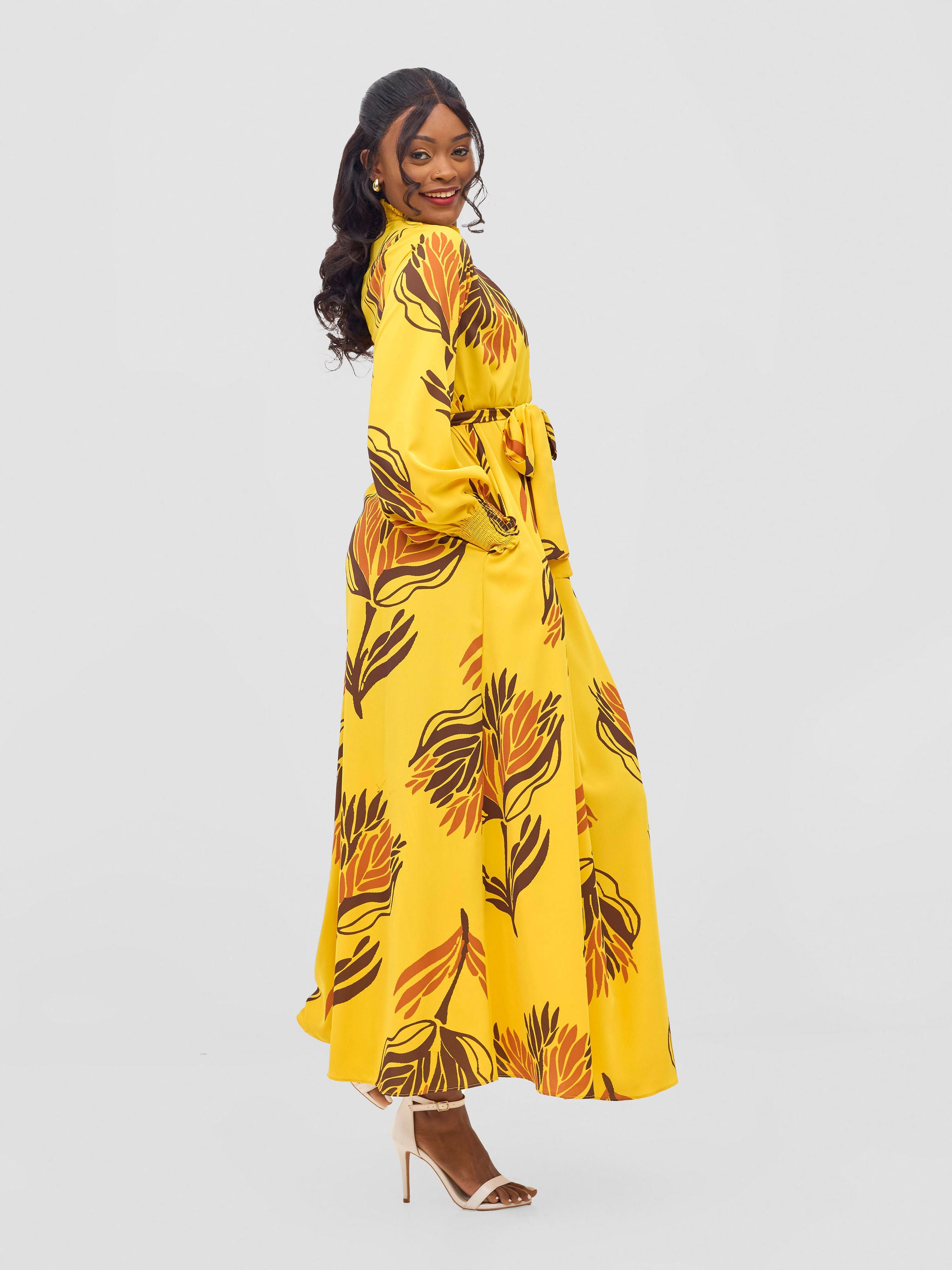 Vivo Ayah Shirred Neck Tent Maxi Dress - Yellow / Chocolate Yana Print