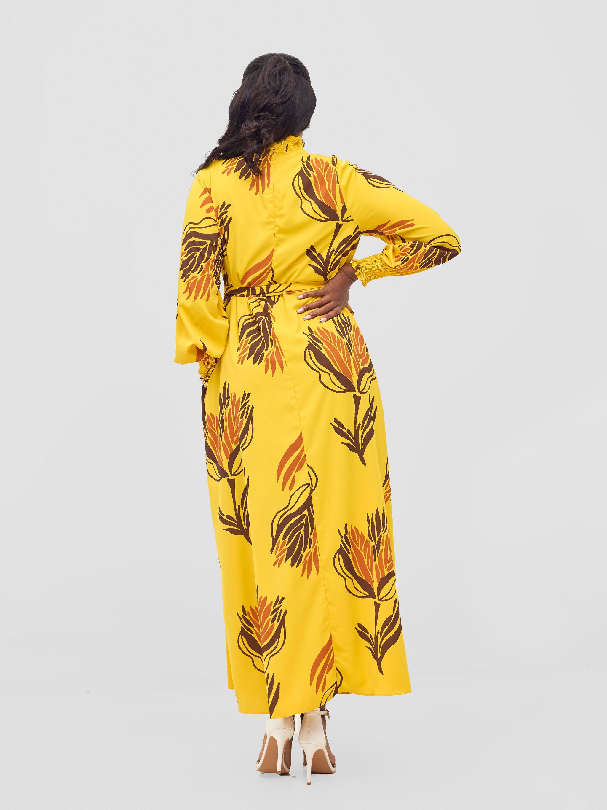 Vivo Ayah Shirred Neck Tent Maxi Dress - Yellow / Chocolate Yana Print