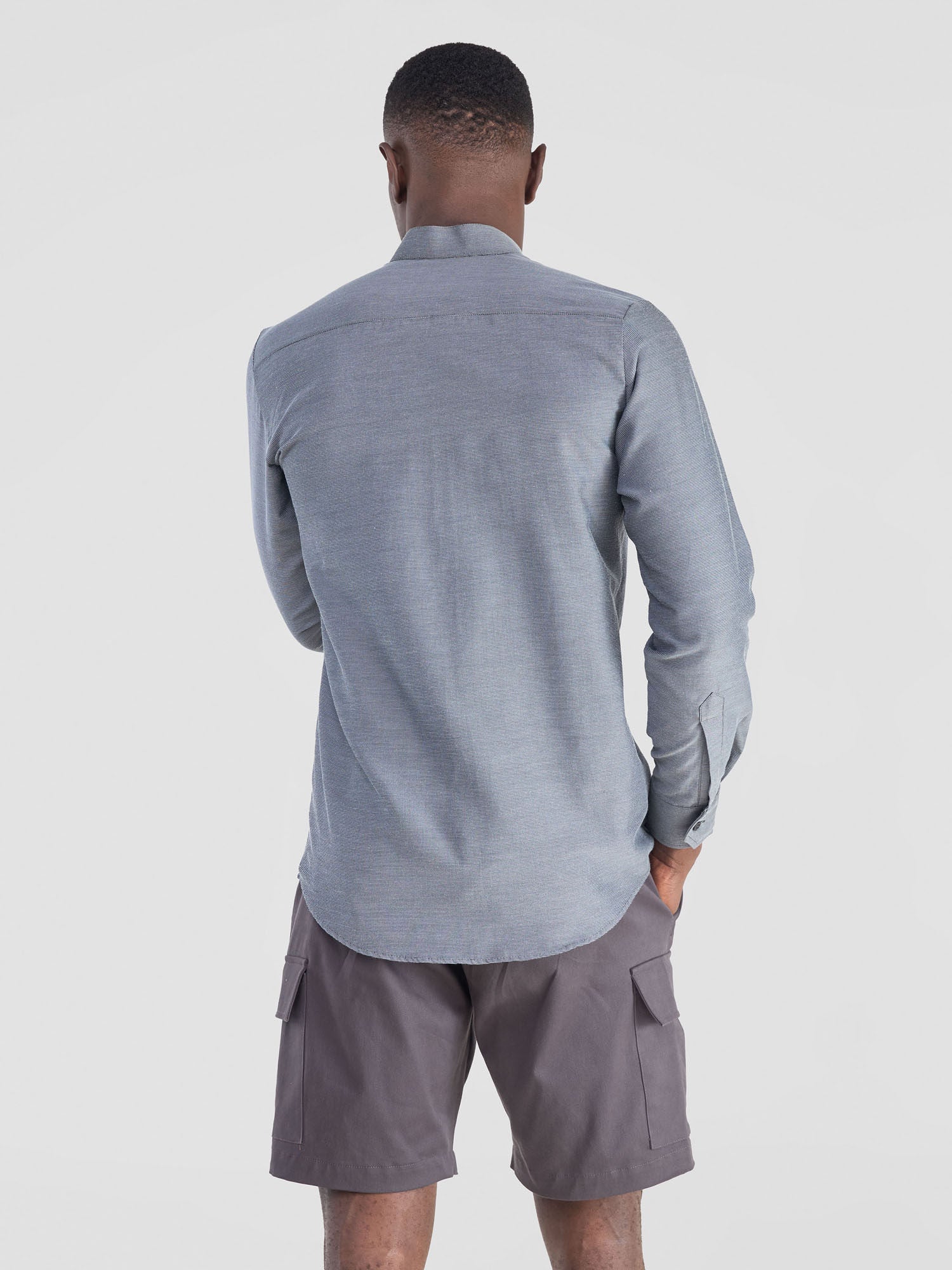 Safari Men's Chinese Collar Long Sleeve Shirt - Grey Stripped