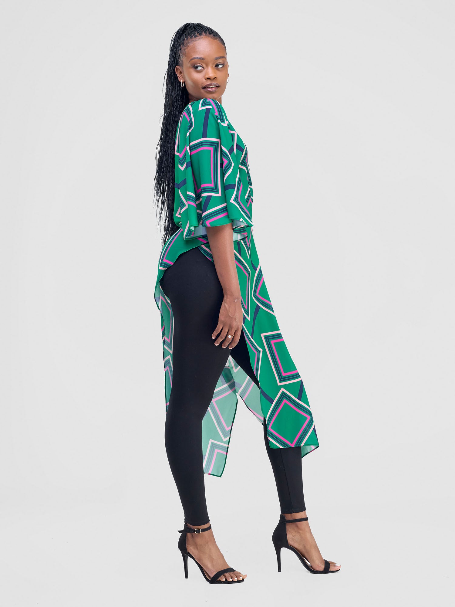 Vivo Amai Asymmetrical Cape - Green / Navy Biya Print