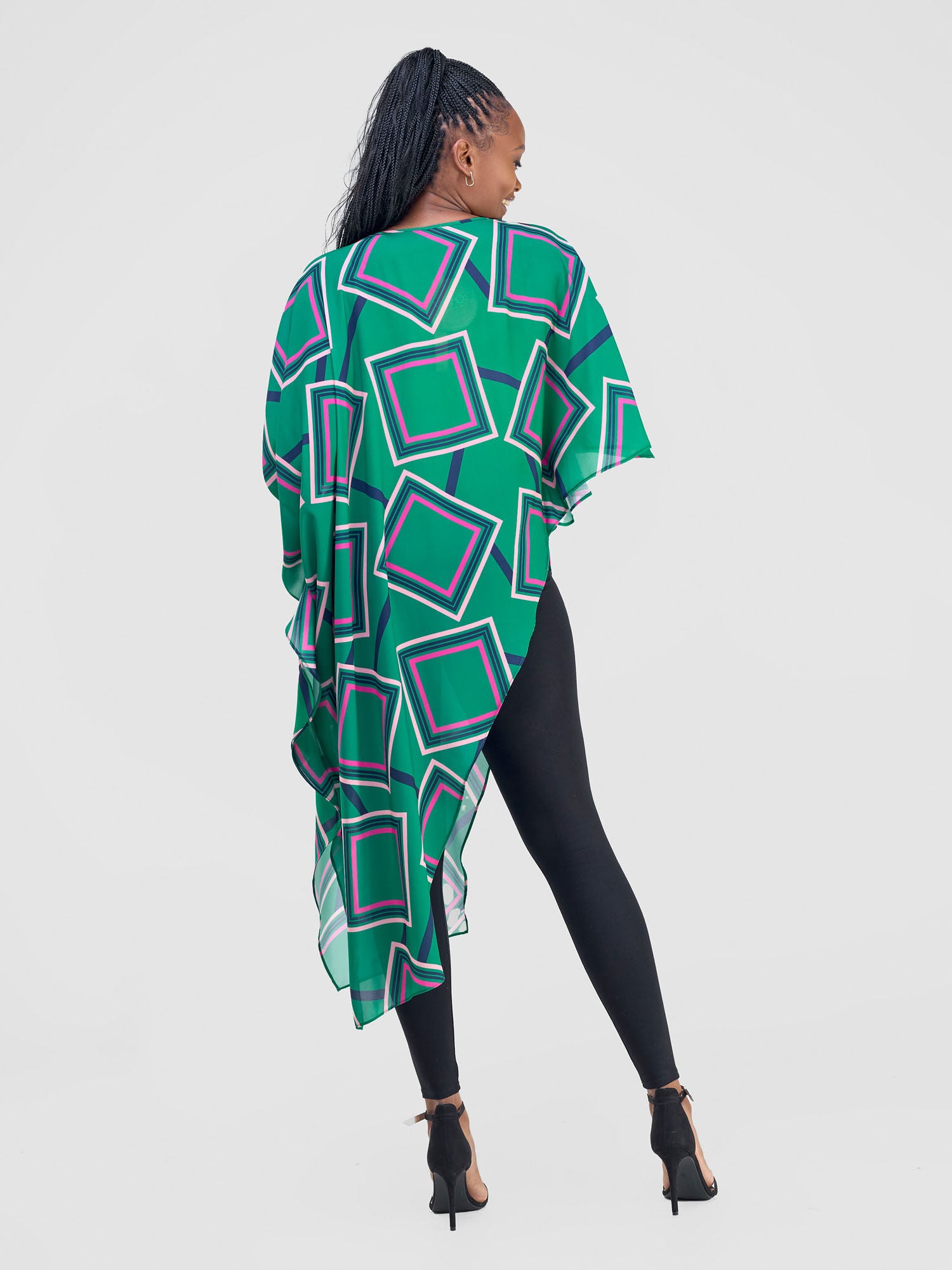 Vivo Amai Asymmetrical Cape - Green / Navy Biya Print