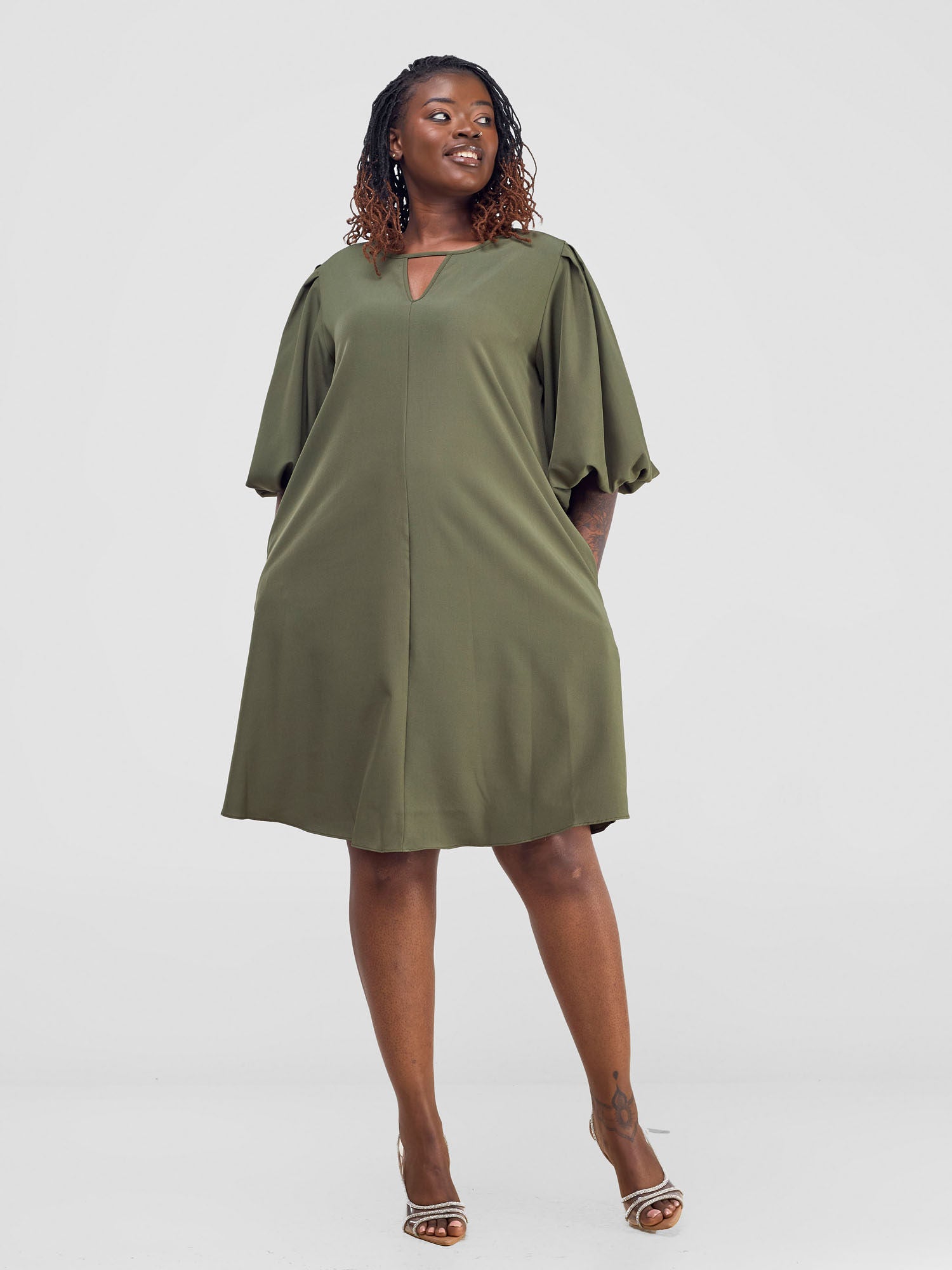 Vivo Esna Puff Sleeve Tent Dress Army Green Vivo Fashion Group Kenya