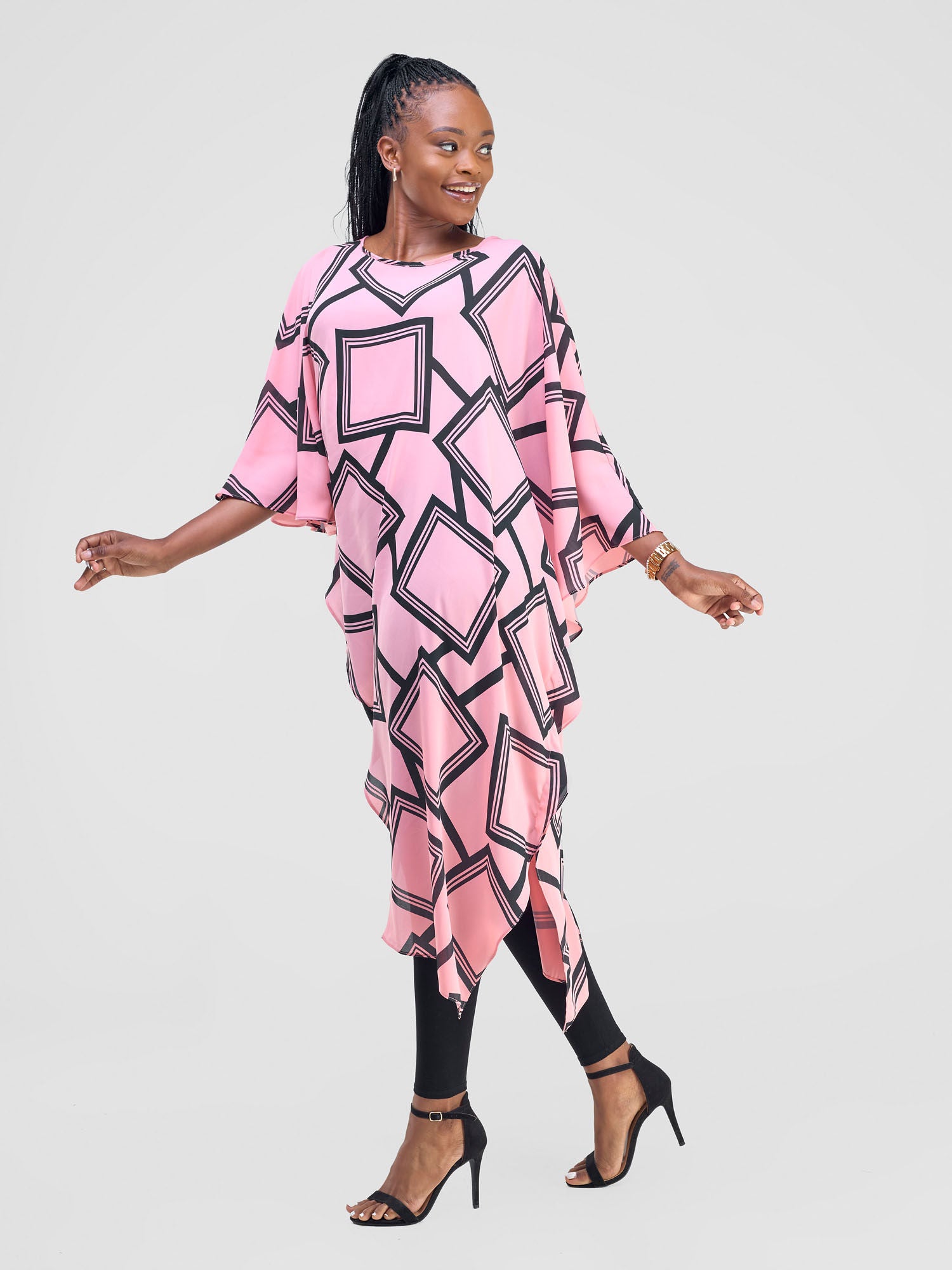 Vivo Amai Asymmetrical Cape - Pink / Black Biya Print