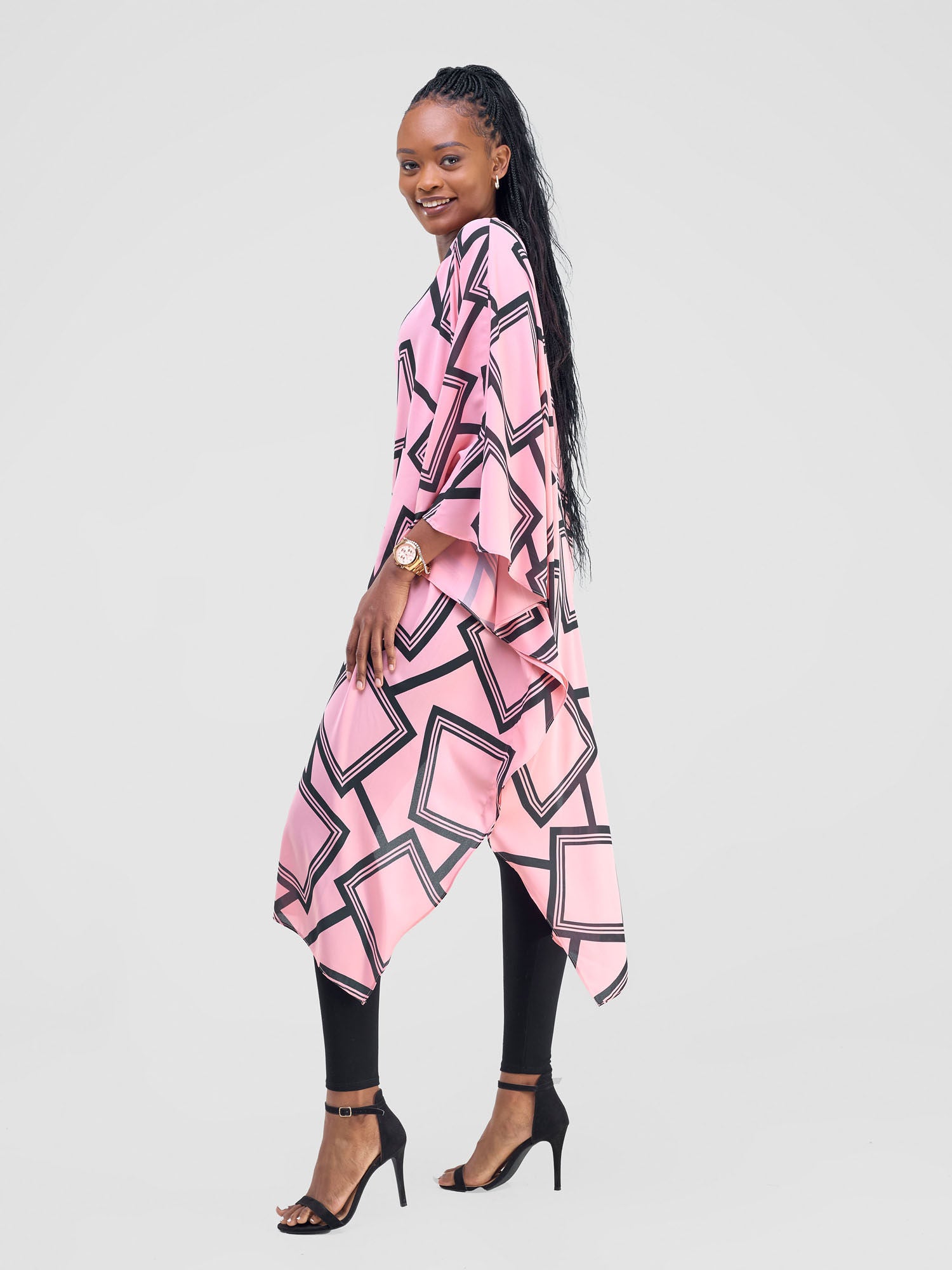 Vivo Amai Asymmetrical Cape - Pink / Black Biya Print