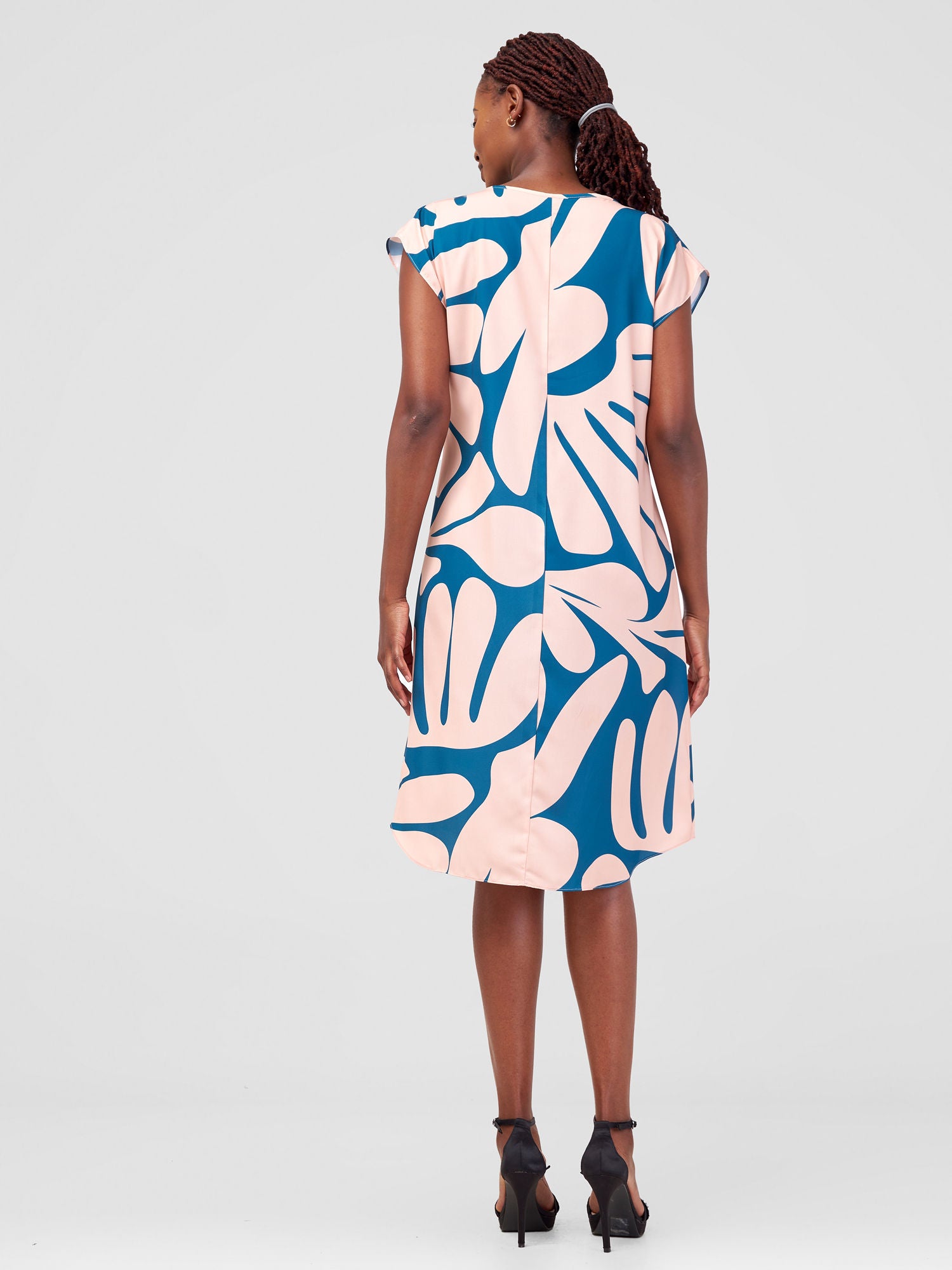 Vivo Zola Drop Shoulder Knee Length Dress - Teal / Peach Amari  Print