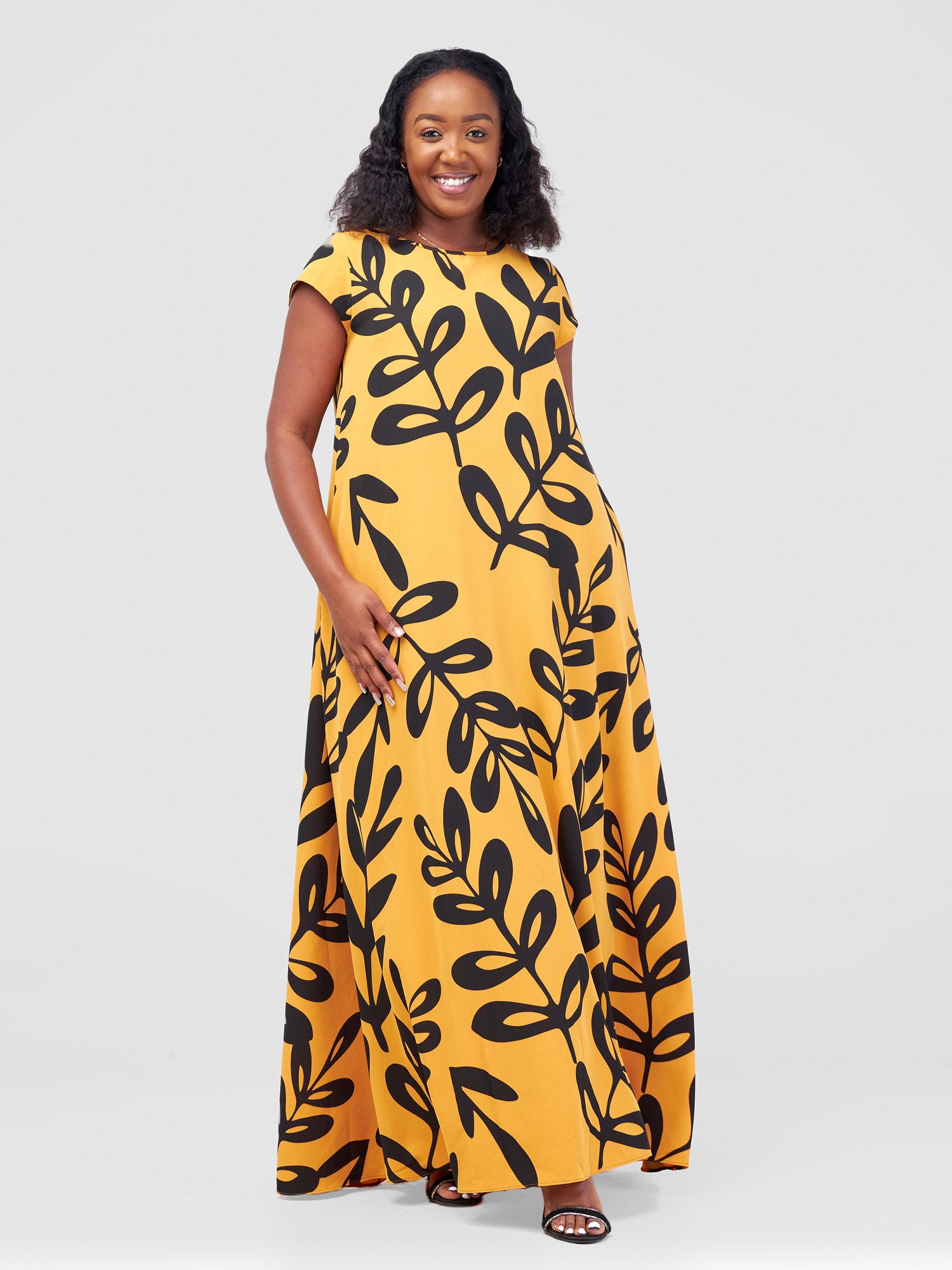 Vivo Basic Cap Sleeve Maxi Tent Dress Mustard Jilo Print Vivo Fashion Group Kenya