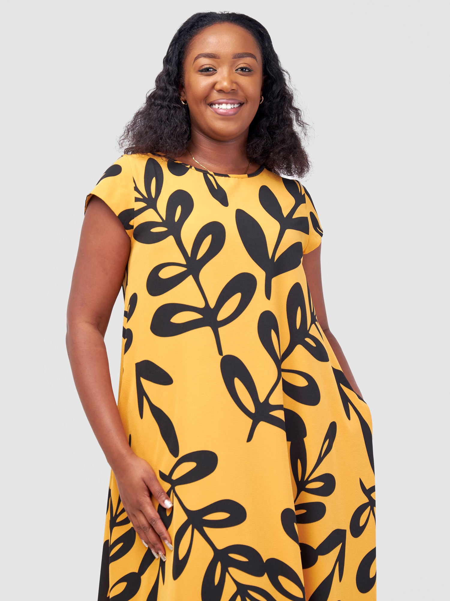 Vivo Basic Cap Sleeve Maxi Tent Dress - Mustard Jilo Print