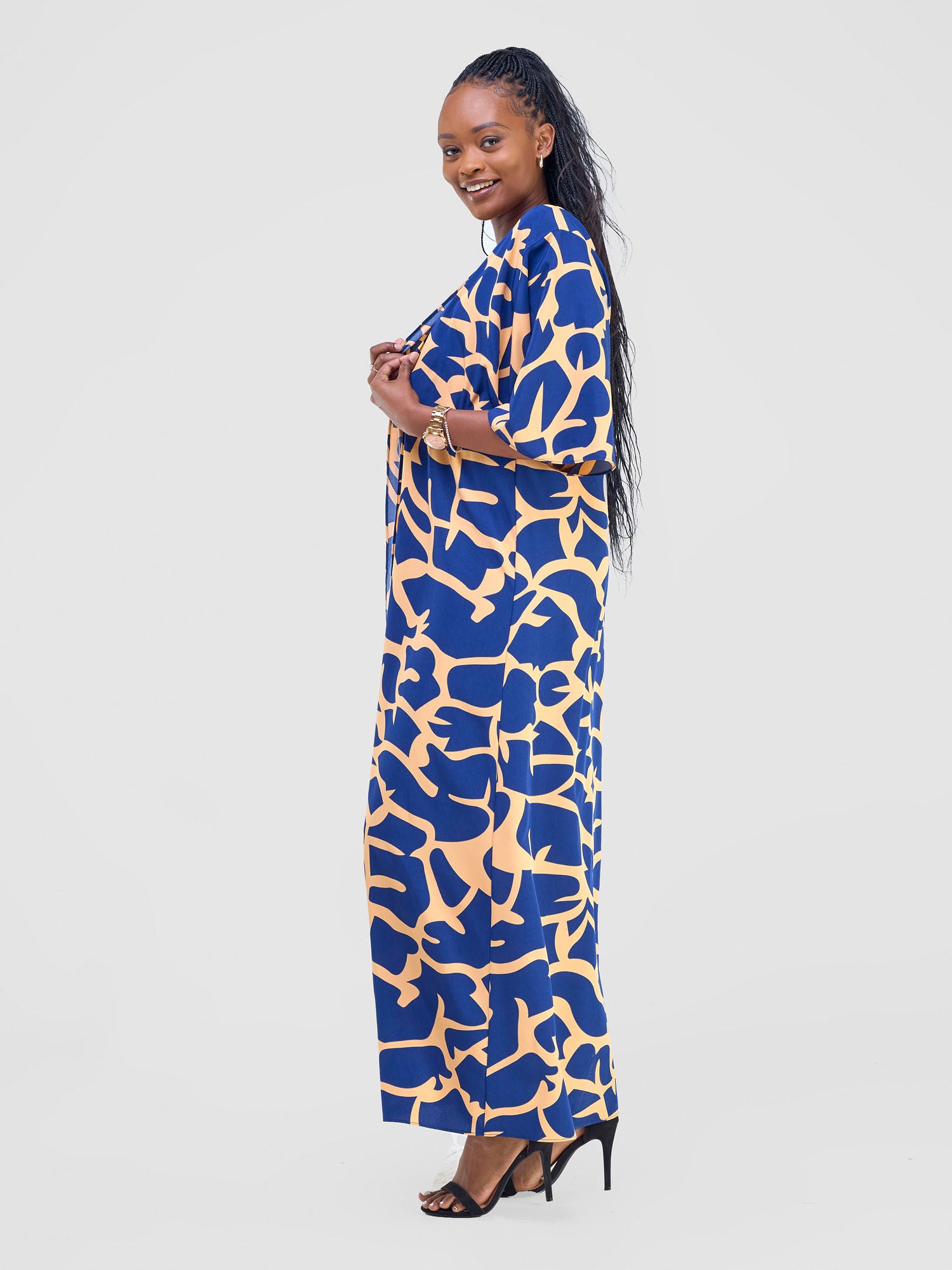 Vivo Alek 3/4 Sleeve A-Line Kimono - Navy / Orange Liwa Print