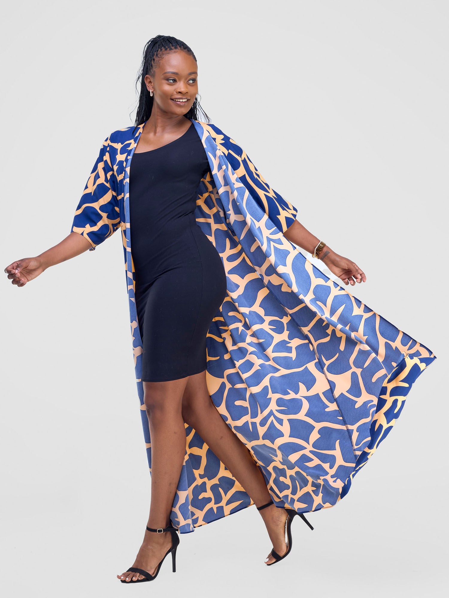 Vivo Alek 3/4 Sleeve A-Line Kimono - Navy / Orange Liwa Print