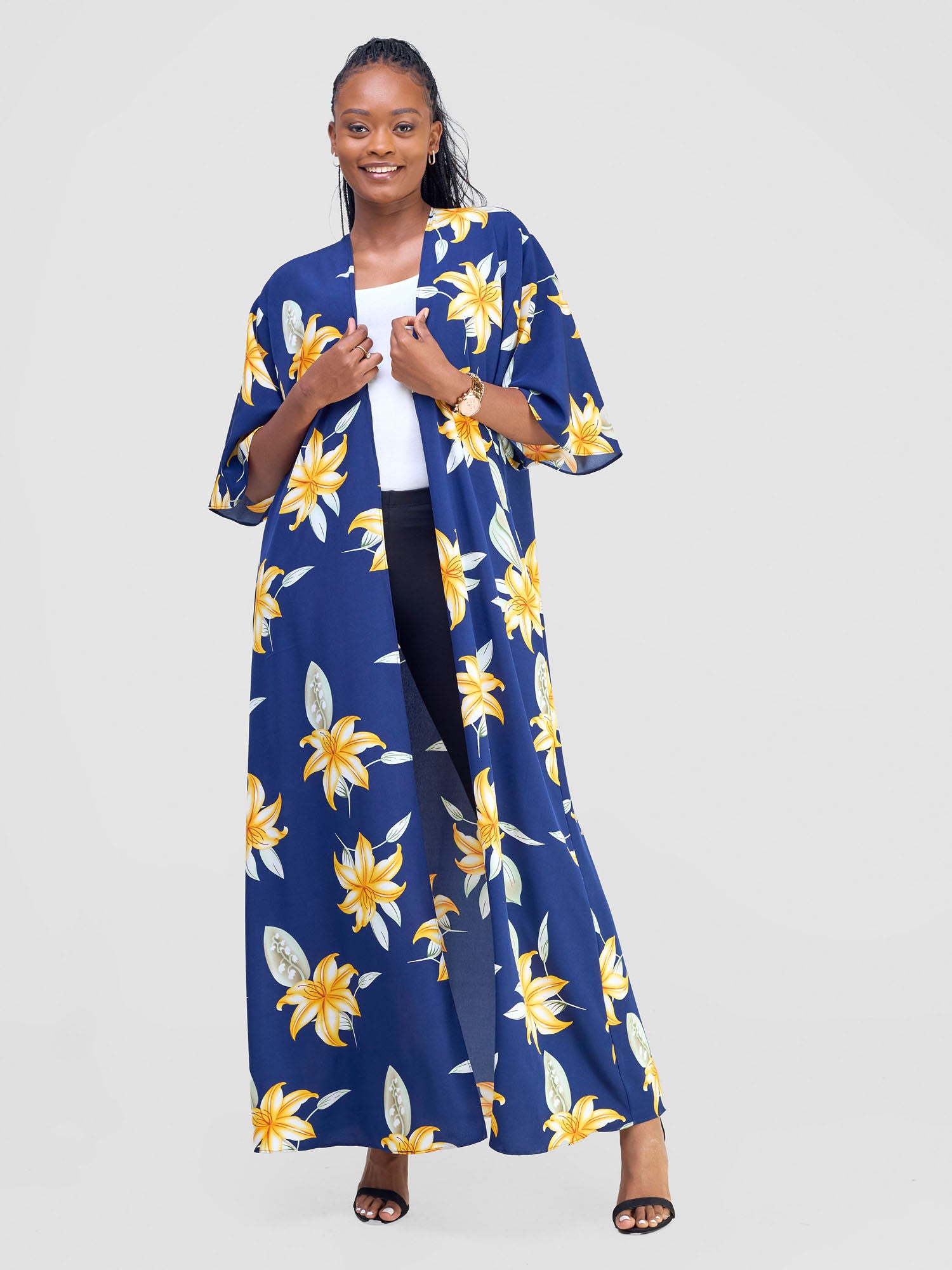 Vivo Alek 3/4 Sleeve A-Line Kimono - Navy / Orange Aber Print