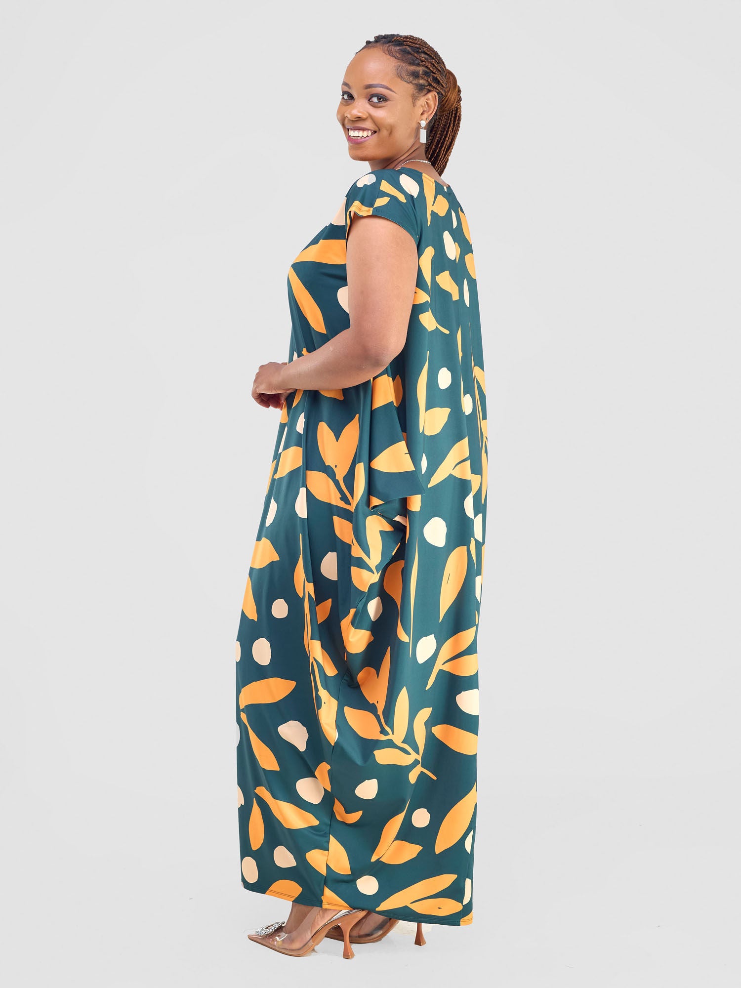 Vivo Fimi Drop Shoulder Maxi Dress - Dark Green / Orange Mbale Print