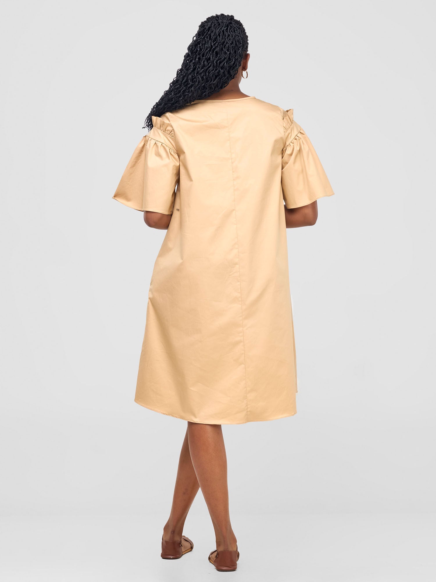 Safari Mali Gathered Flounce Sleeve Tent Dress - Khaki