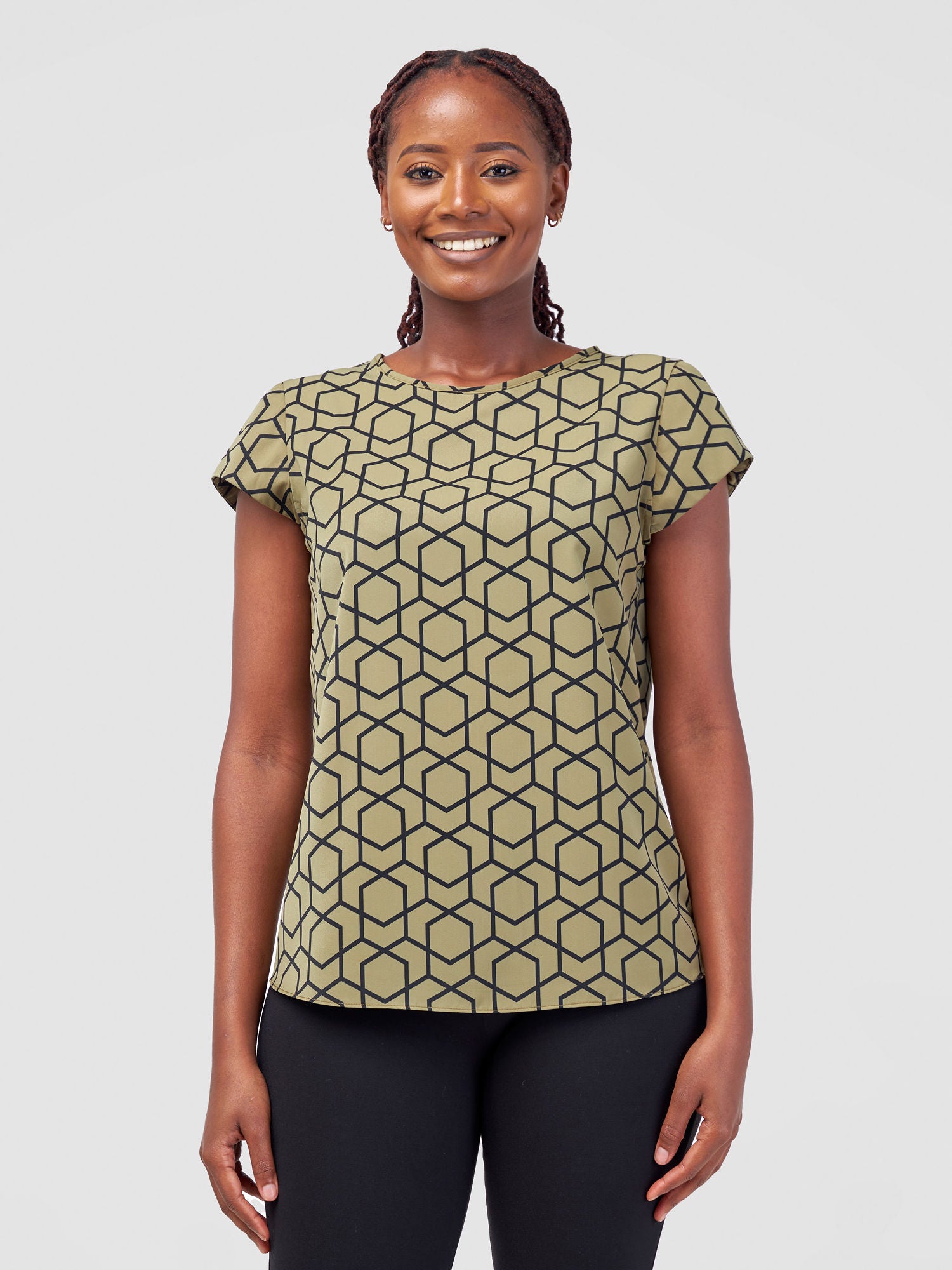 Vivo Basic Crepe Cap Sleeved Top - Olive Duku Print