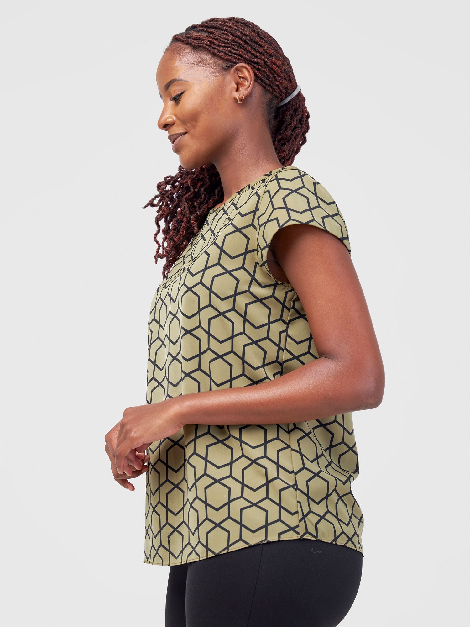 Vivo Basic Crepe Cap Sleeved Top - Olive Duku Print