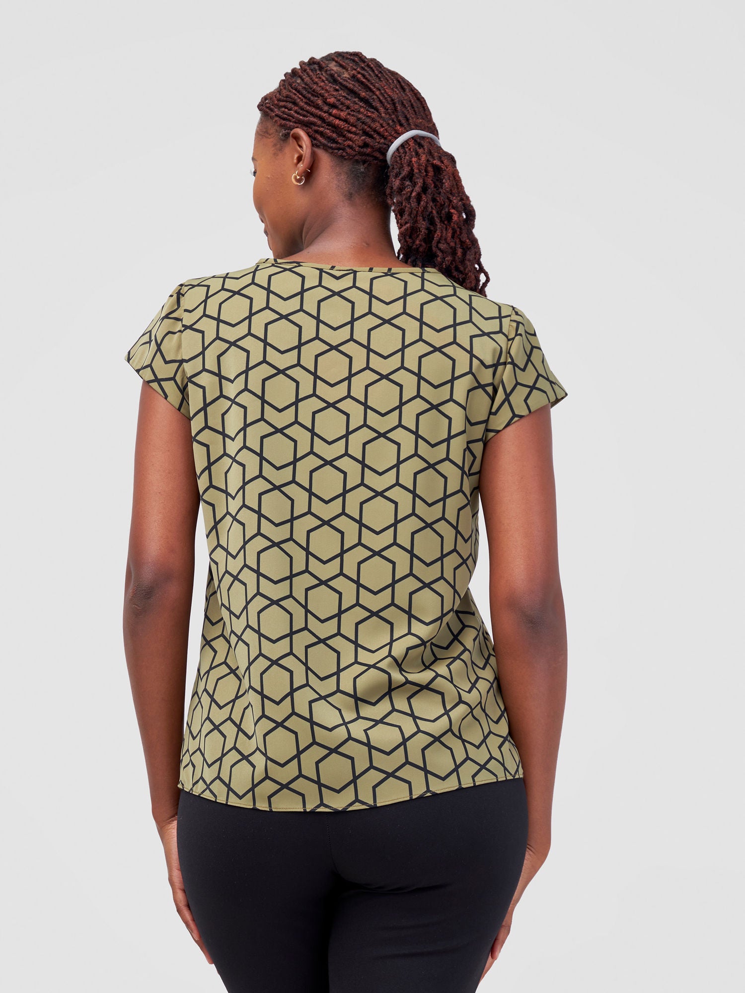 Vivo Basic Crepe Cap Sleeved Top - Olive Duku Print