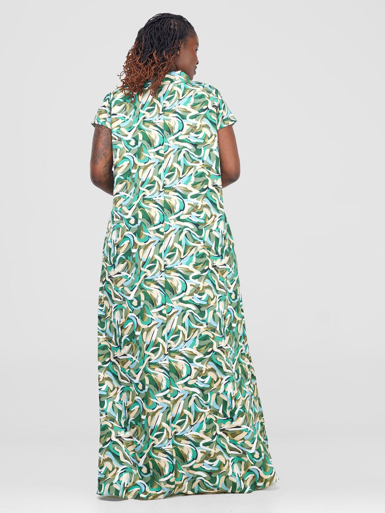 Vivo Zuri Cap Sleeved Maxi Dress - Green / Cream Print - Shopzetu