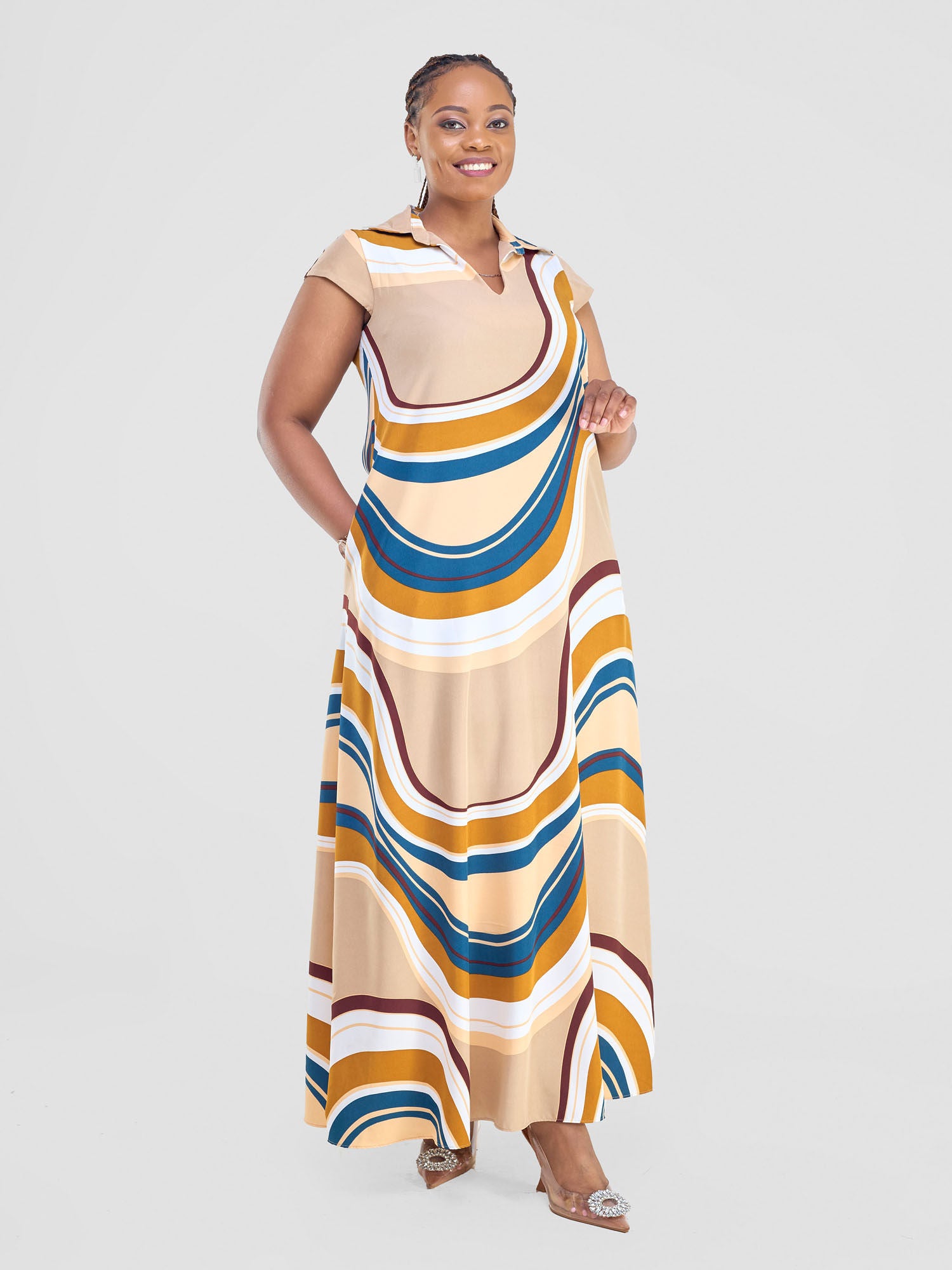 Vivo Zuri Cap Sleeved Maxi Dress - Peach / Teal Spiral Print