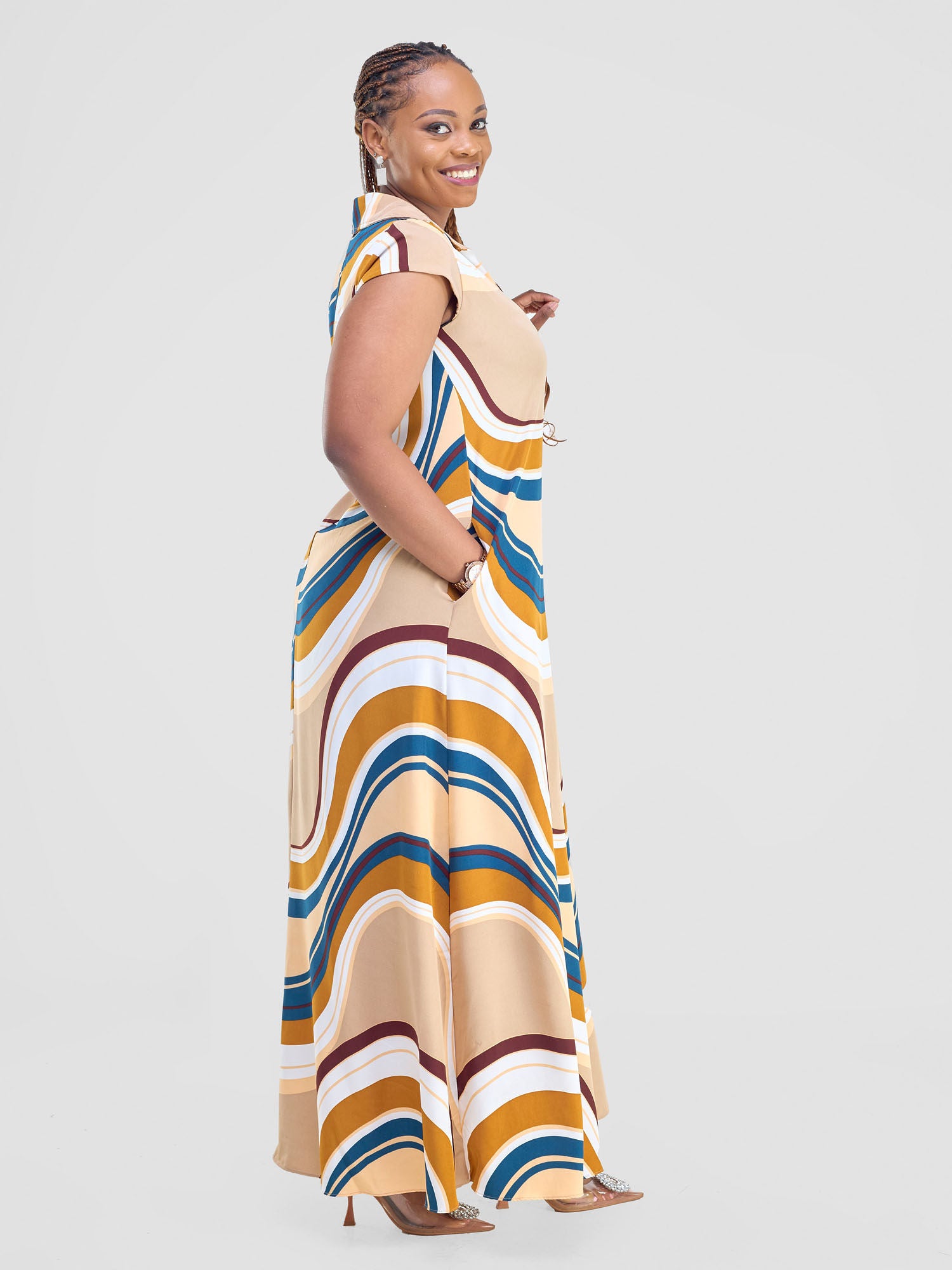 Vivo Zuri Cap Sleeved Maxi Dress - Peach / Teal Spiral Print