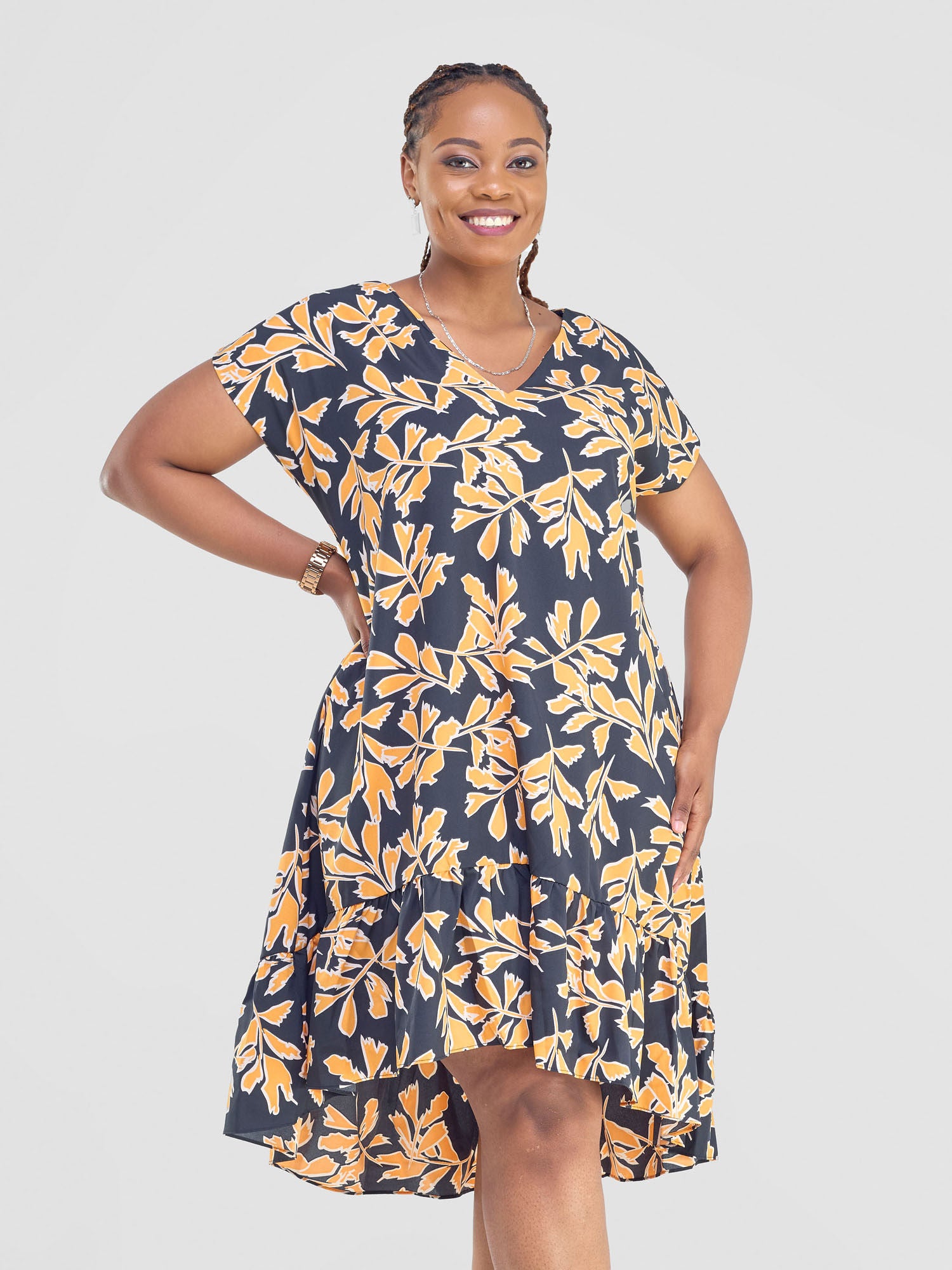 Vivo Asha Drop Shoulder Knee Length Dress - Black / Yellow Floral Print