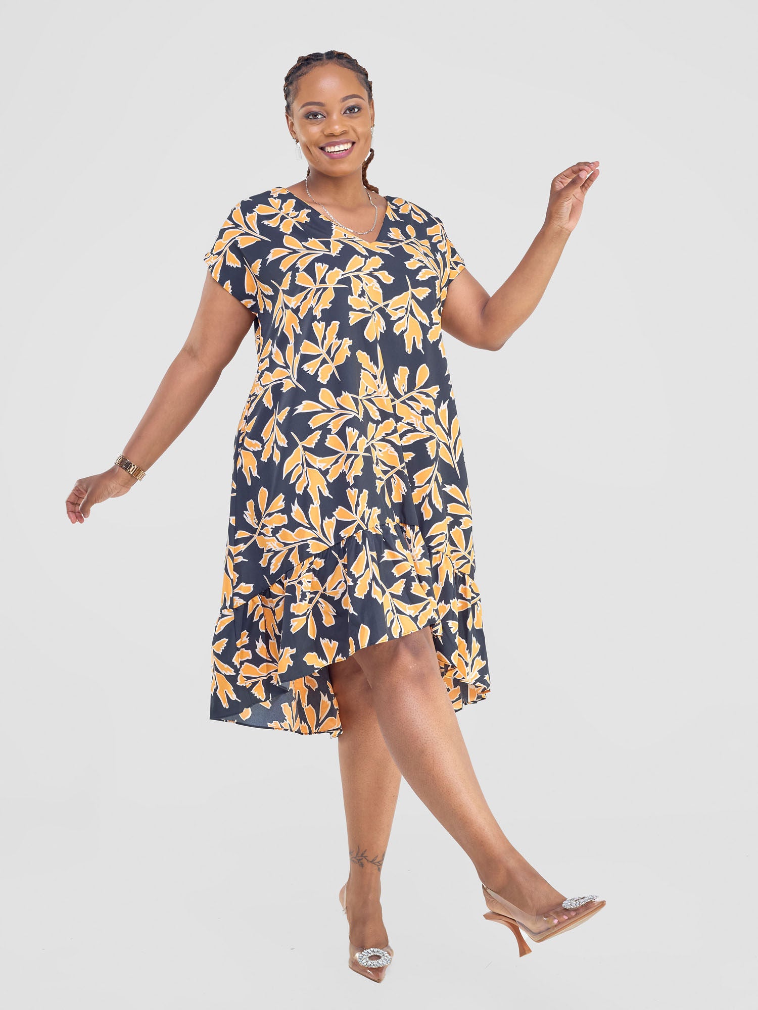 Vivo Asha Drop Shoulder Knee Length Dress - Black / Yellow Floral Print