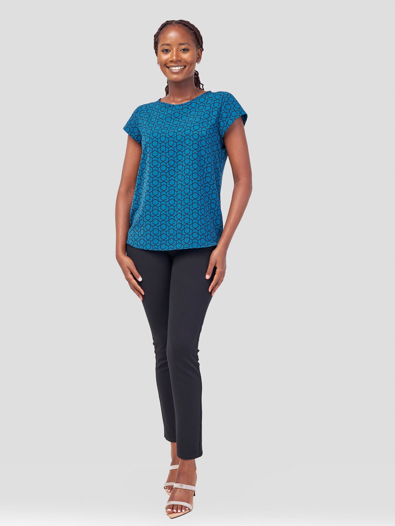 Vivo Basic Crepe Cap Sleeved Top - Legion Teal Duku Print