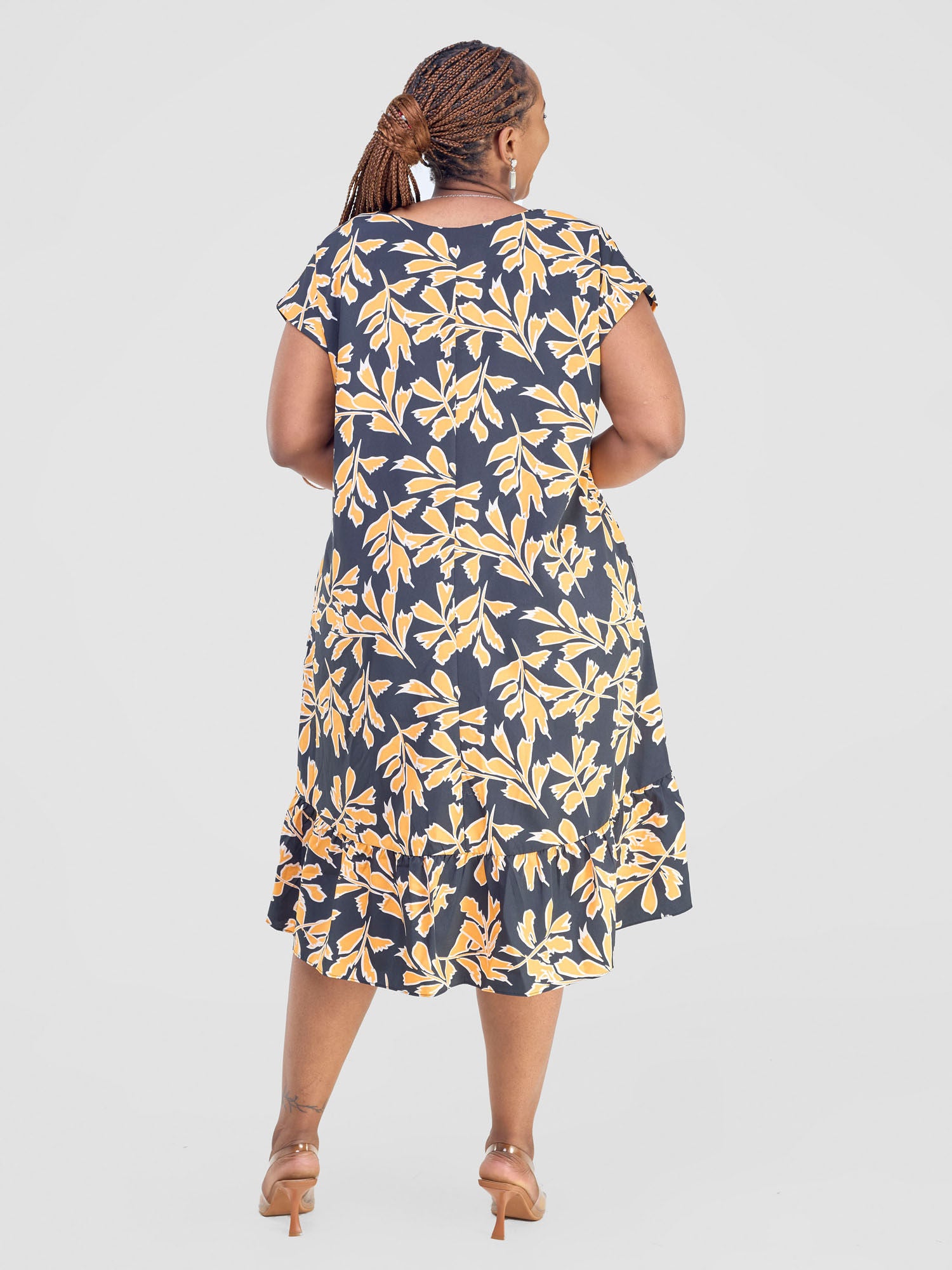 Vivo Asha Drop Shoulder Knee Length Dress - Black / Yellow Floral Print