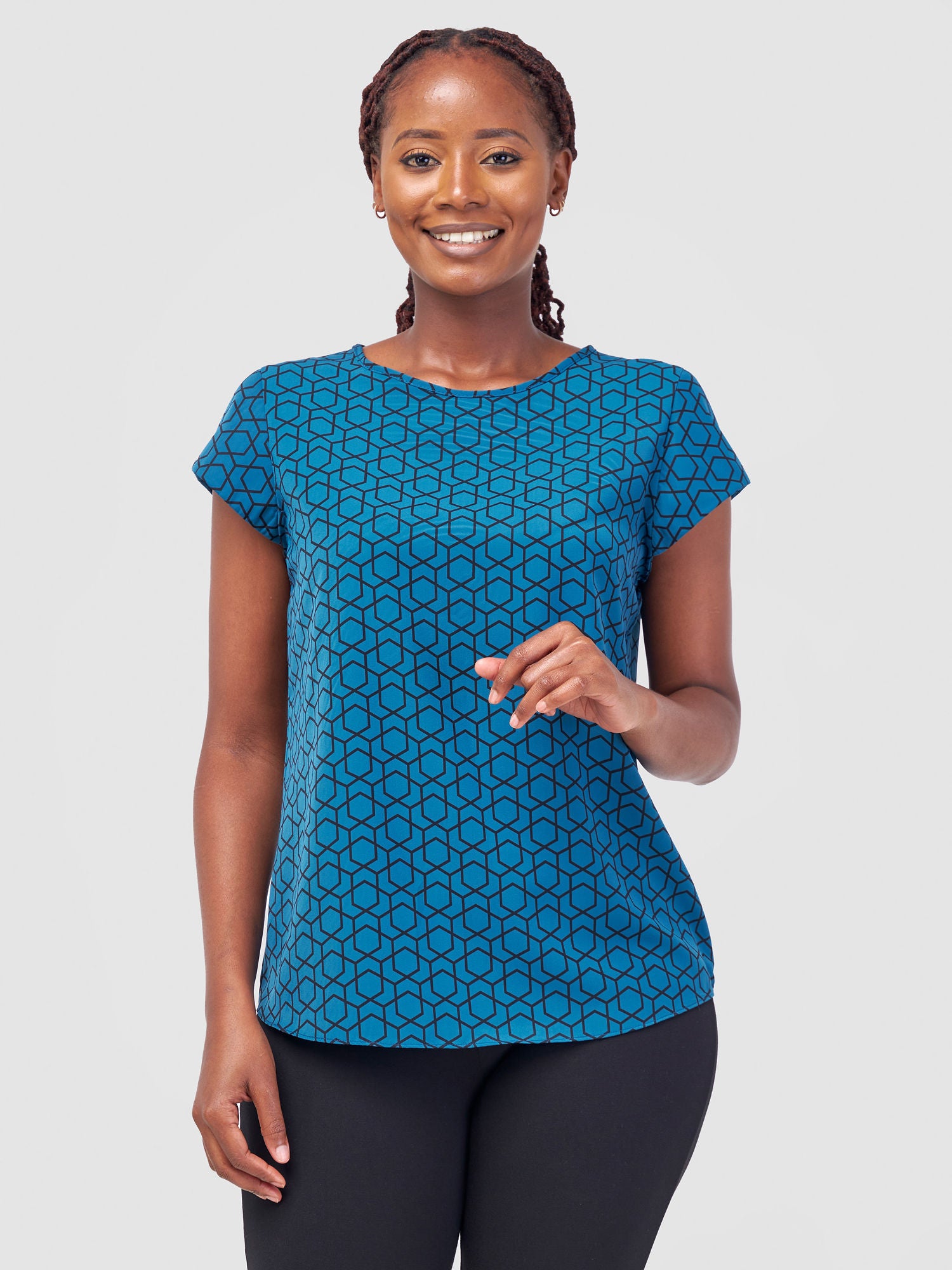 Vivo Basic Crepe Cap Sleeved Top - Legion Teal Duku Print