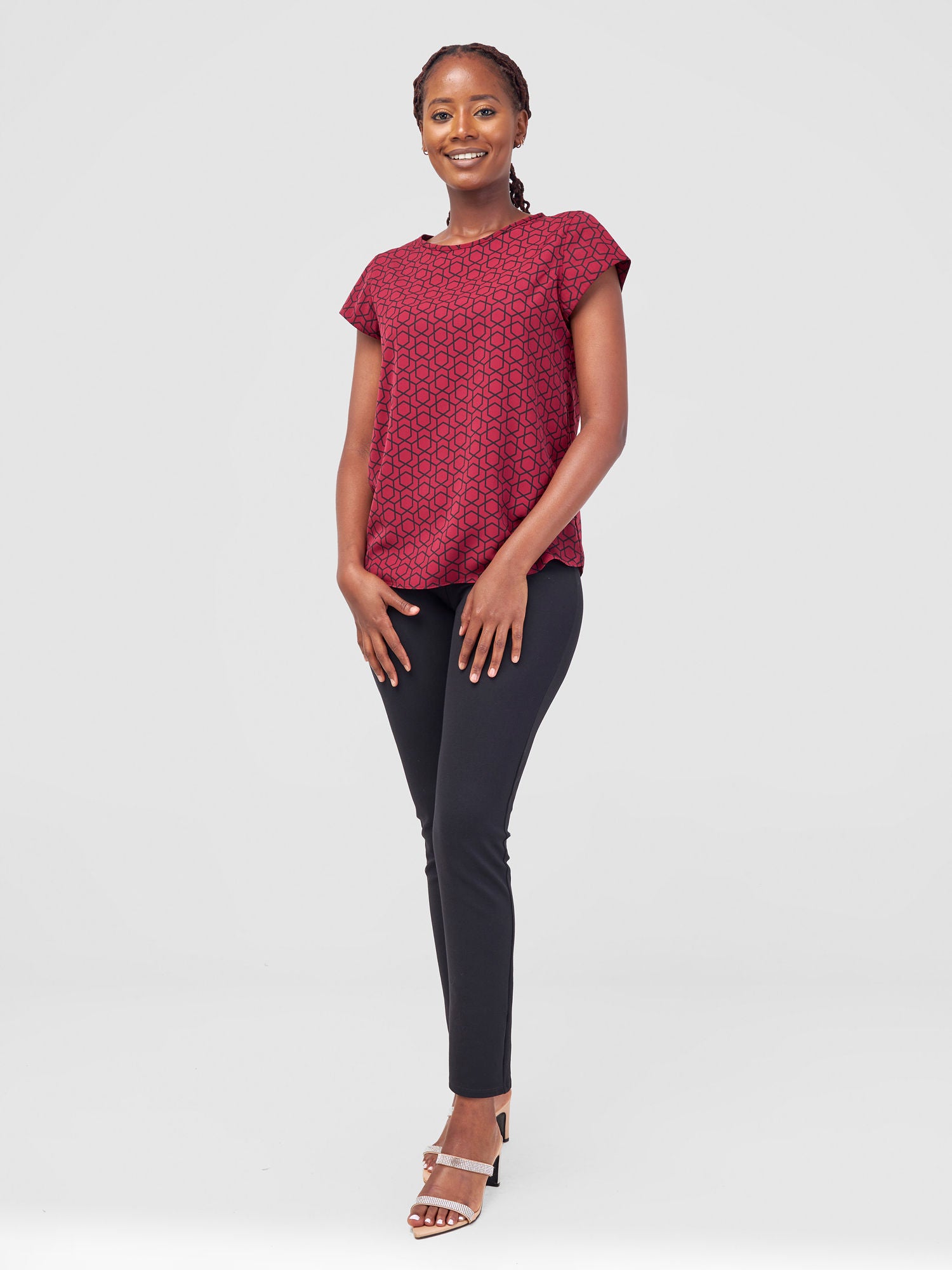 Vivo Basic Crepe Cap Sleeved Top - Maroon Duku Print