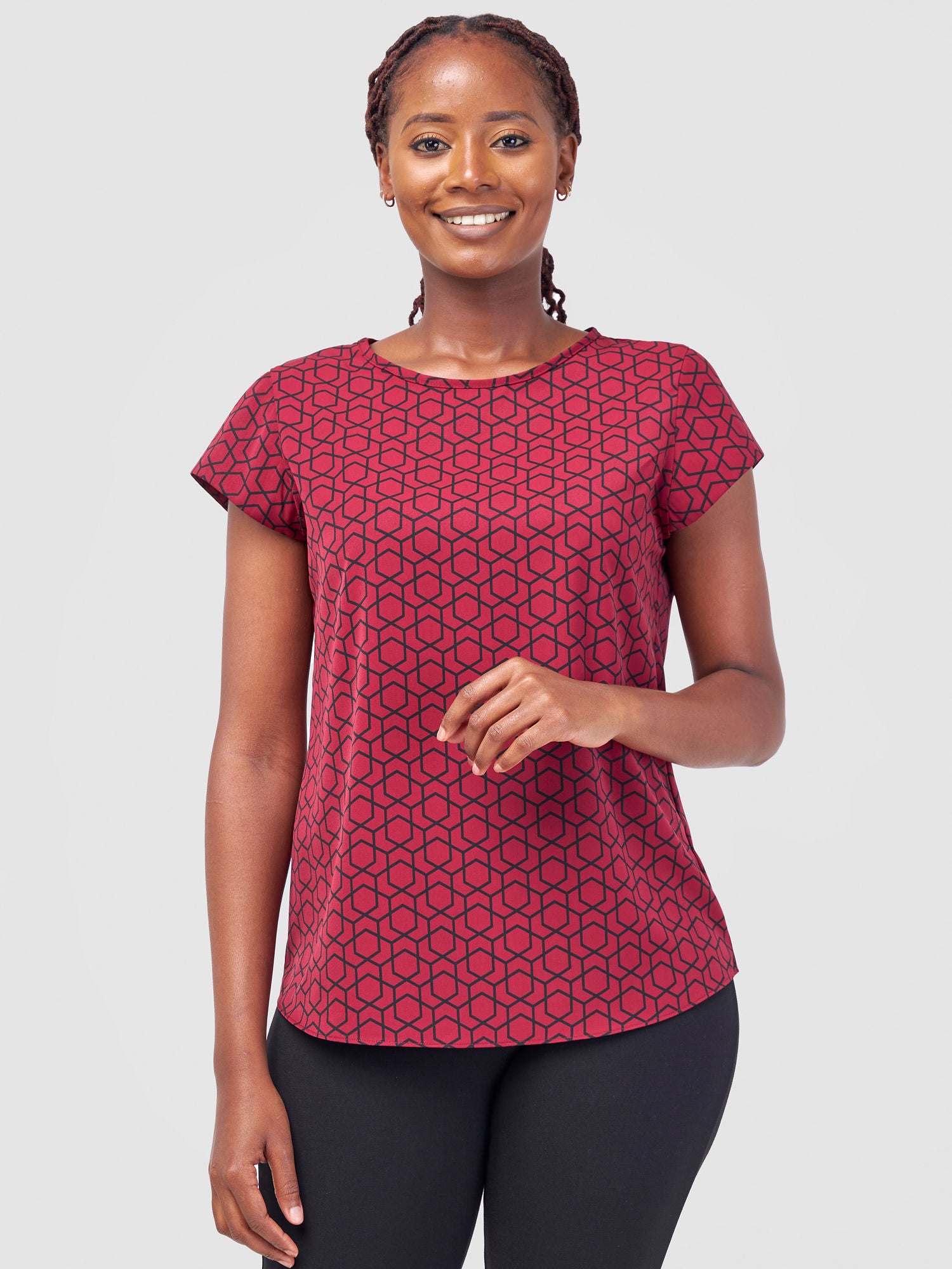 Vivo Basic Crepe Cap Sleeved Top - Maroon Duku Print