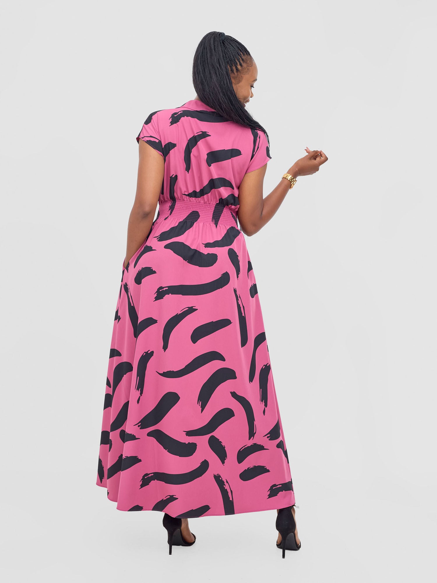 Vivo Zena Shirred Waist Maxi Shirt Dress - Pink / Black