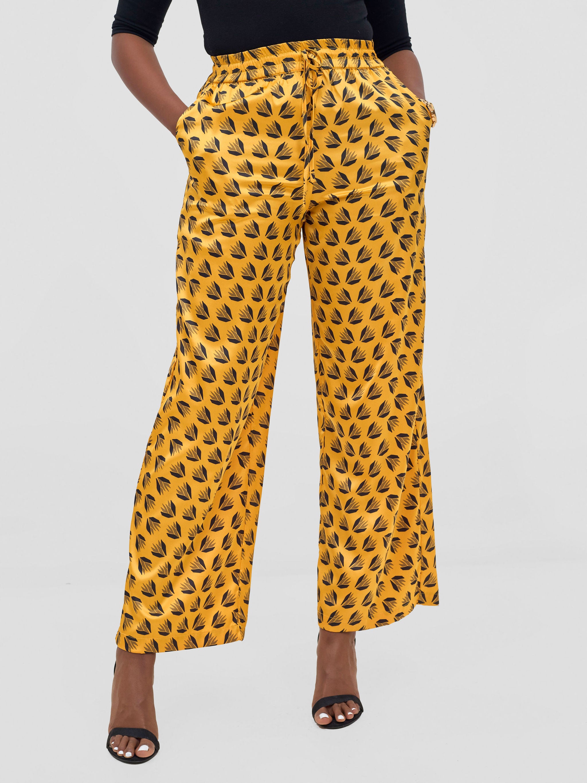 Vivo Ayah Satin Pants - Mustard / Black Ullu Print