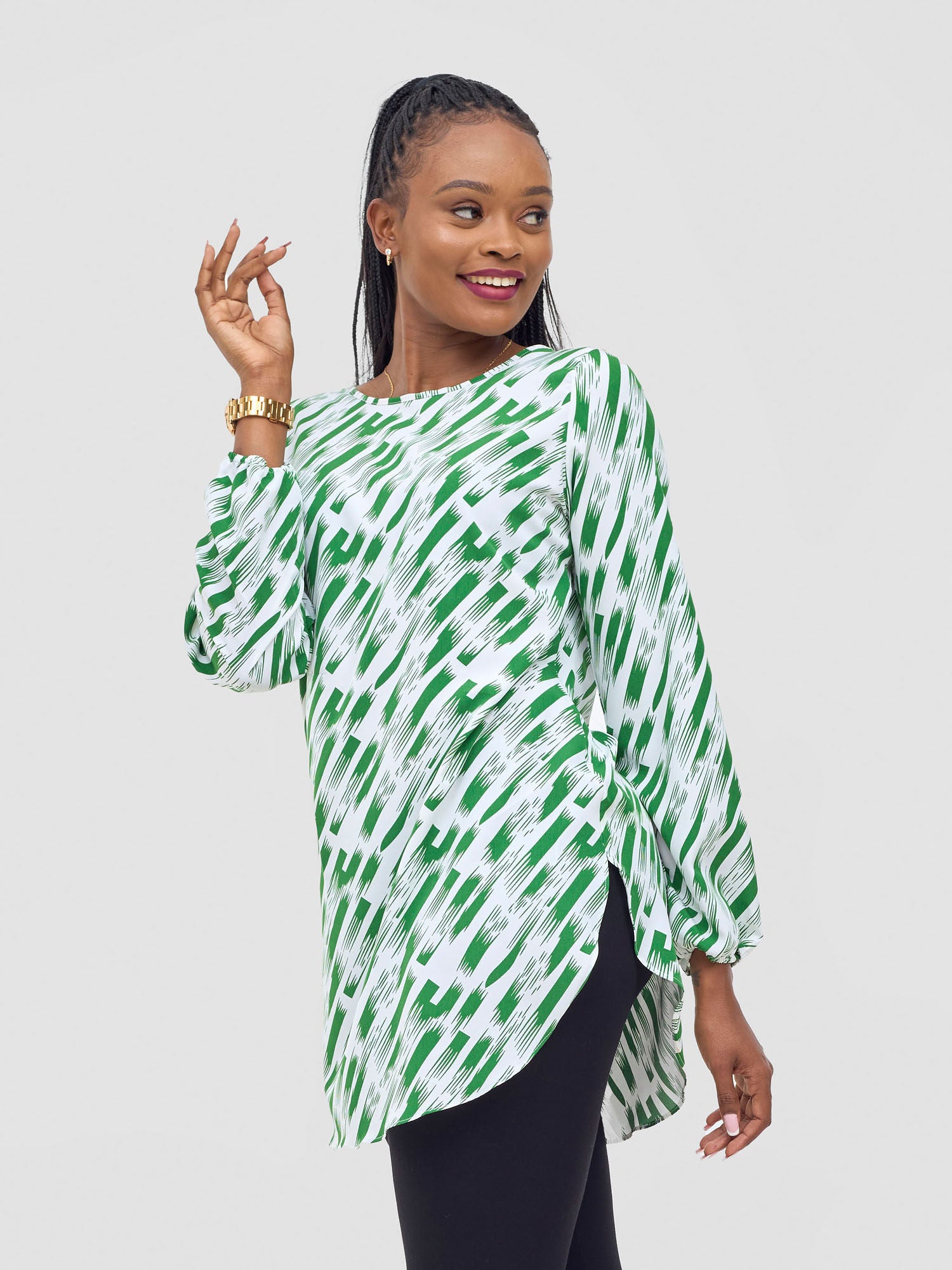 Vivo Basic Tsavo Scalloped Chiffon Top - White / Green Tiwi Print