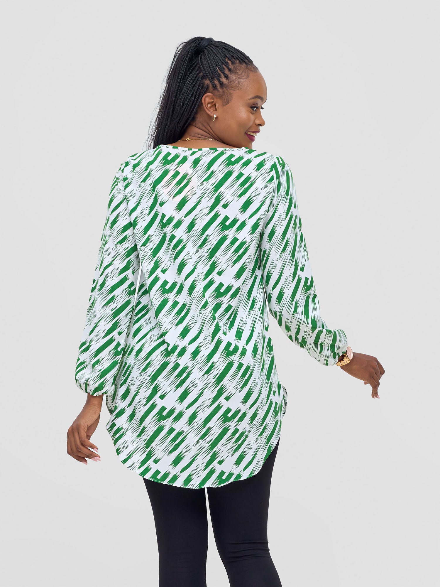 Vivo Basic Tsavo Scalloped Chiffon Top - White / Green Tiwi Print