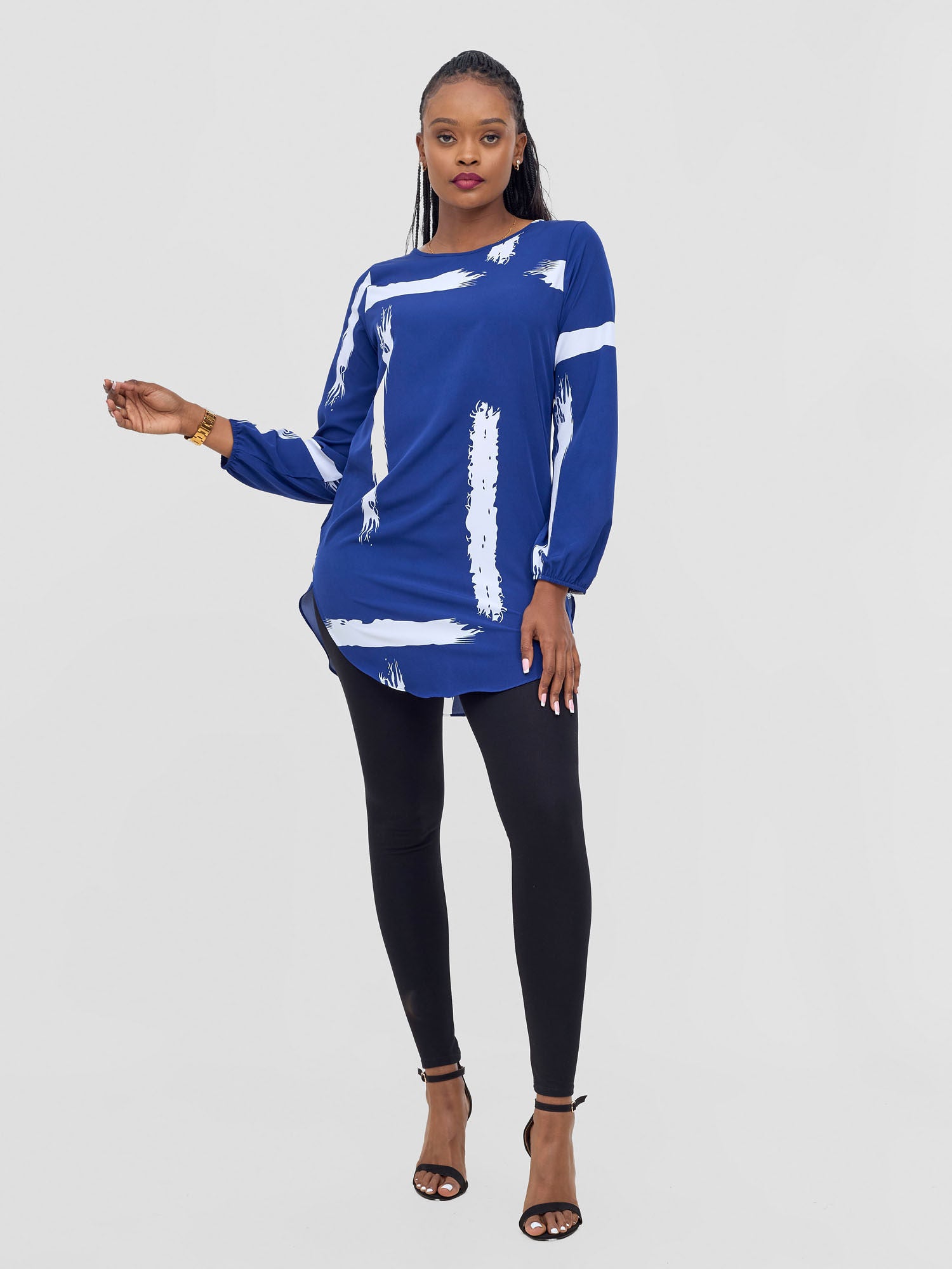 Vivo Basic Tsavo Scalloped Chiffon Top - Navy / White Abstract Print