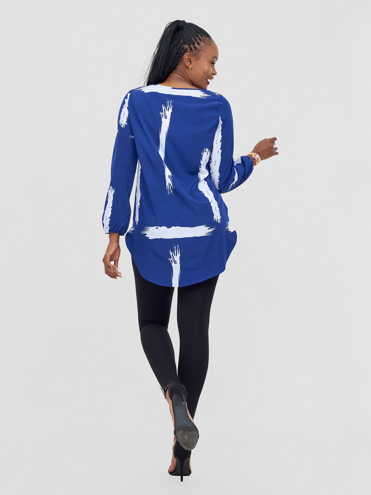 Vivo Basic Tsavo Scalloped Chiffon Top - Navy / White Abstract Print