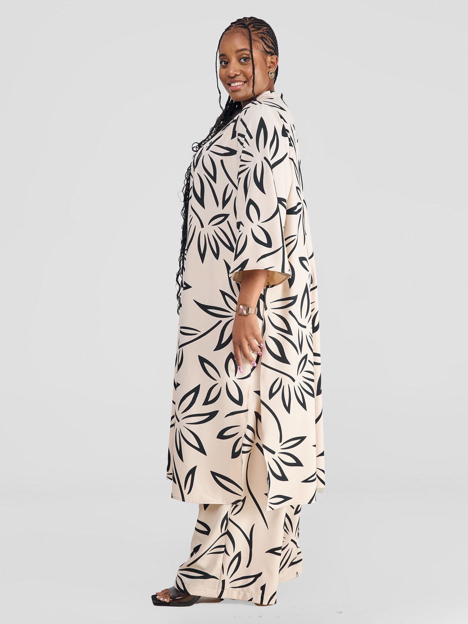 Vivo Situ Side Slit Midi Kimono - Beige / Black Weni Print
