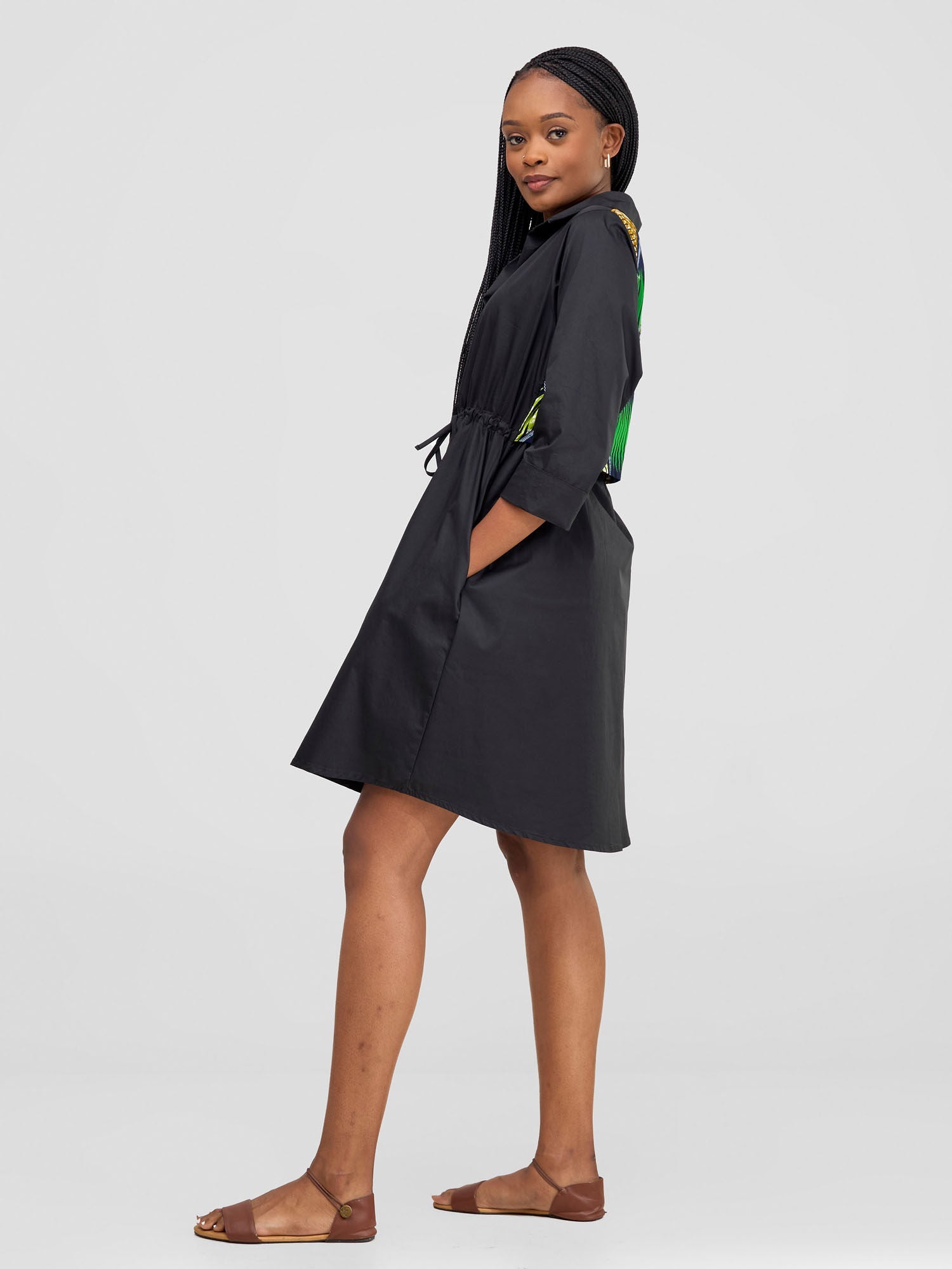 Safari Lira Drawstring Knee Length Dress - Black + Green / Navy Print