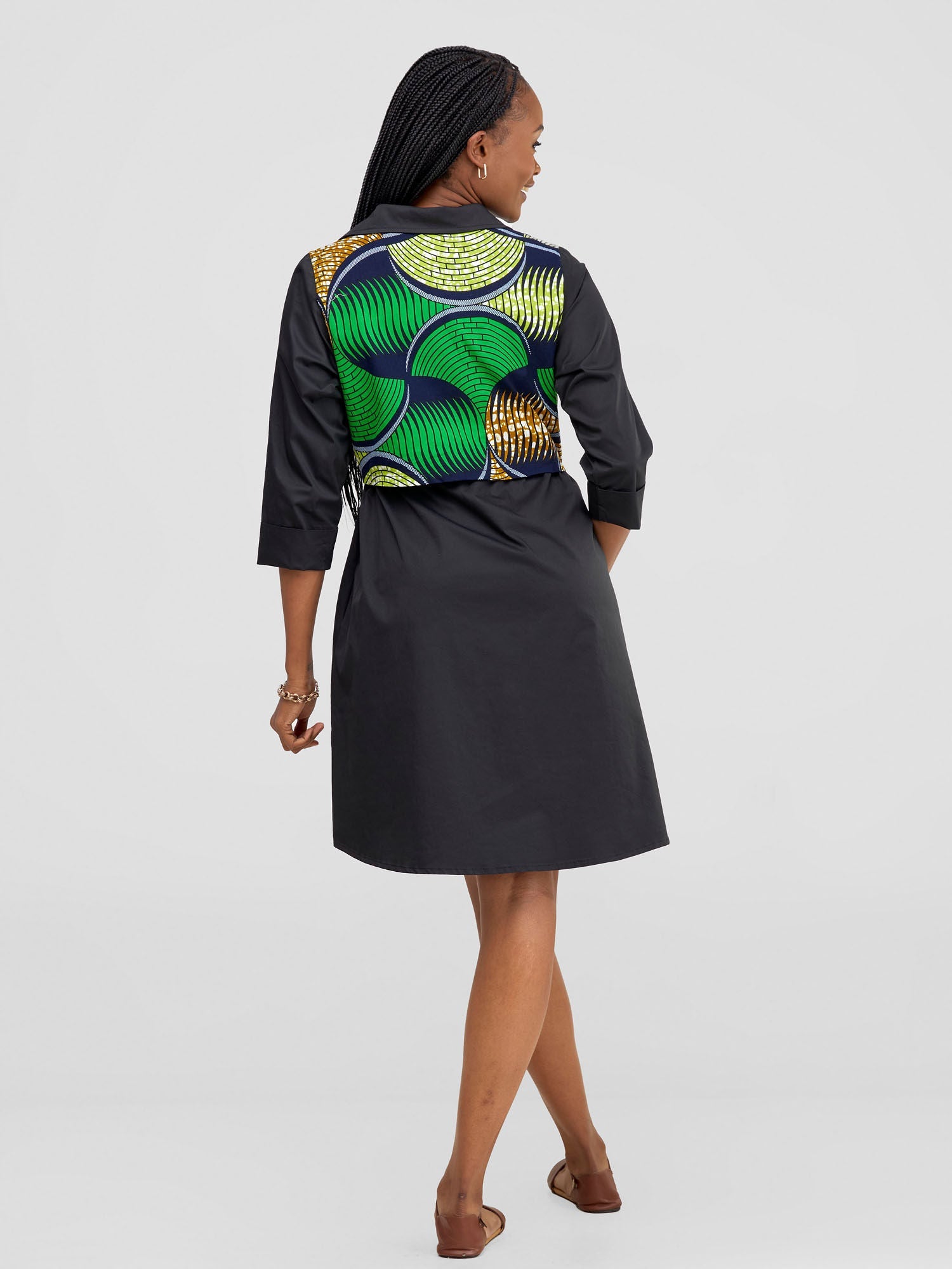 Safari Lira Drawstring Knee Length Dress - Black + Green / Navy Print