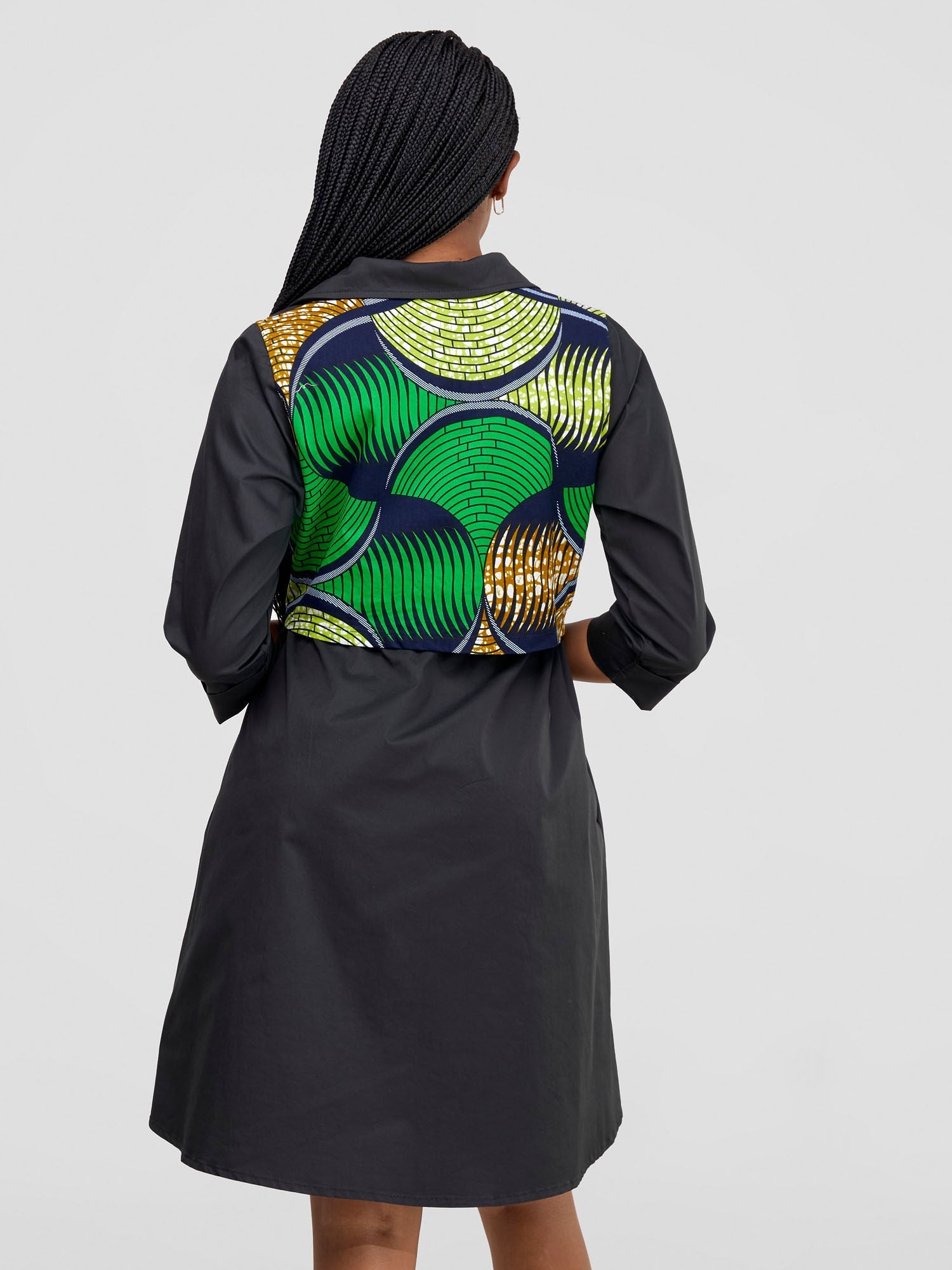 Safari Lira Drawstring Knee Length Dress - Black + Green / Navy Print