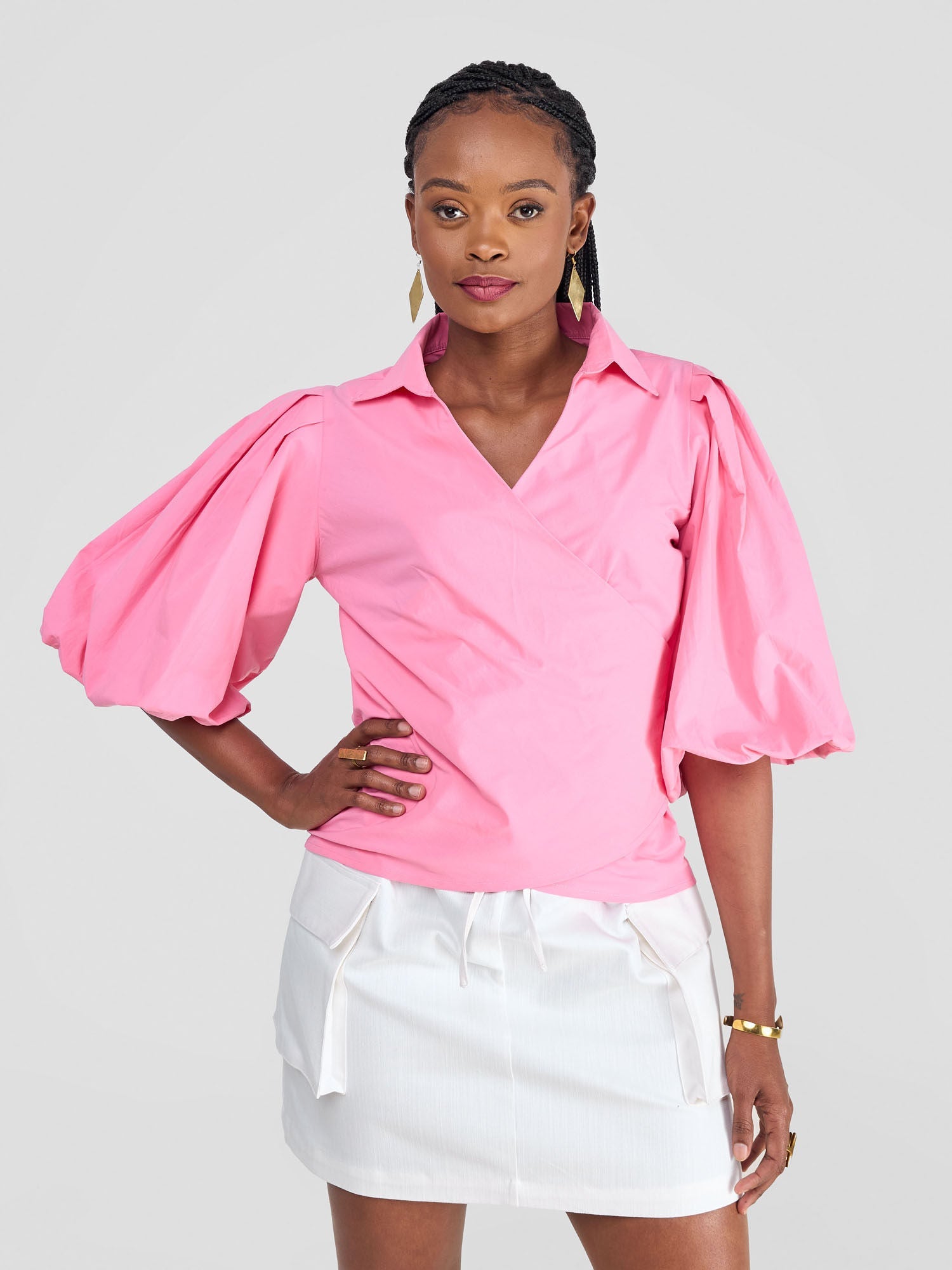 Safari Mali 3/4 Bishop Sleeve  Tie Top - Pink