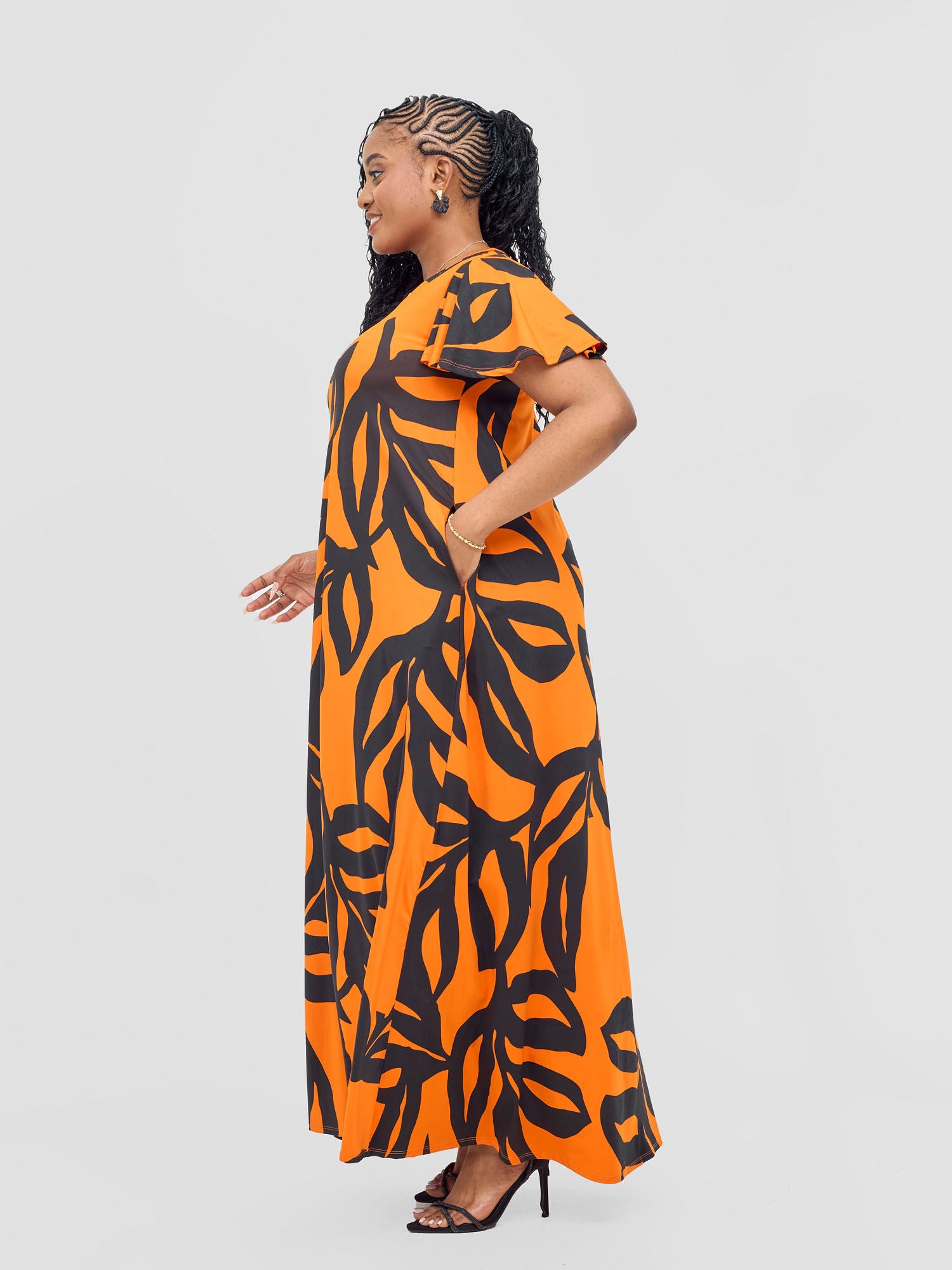 Vivo Ruwa Flounce Sleeve Tent Maxi Dress - Orange / Black Sese Print