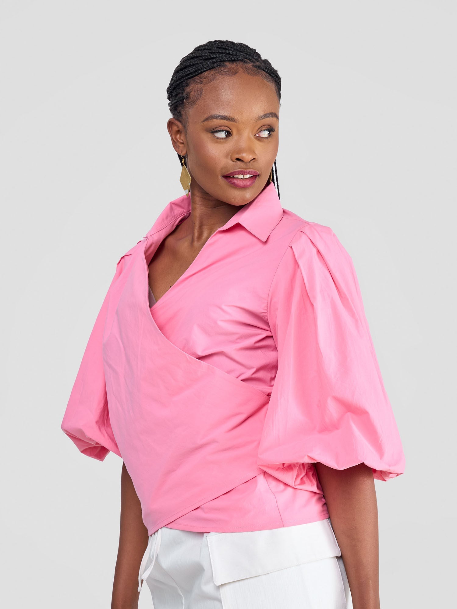 Safari Mali 3/4 Bishop Sleeve  Tie Top - Pink